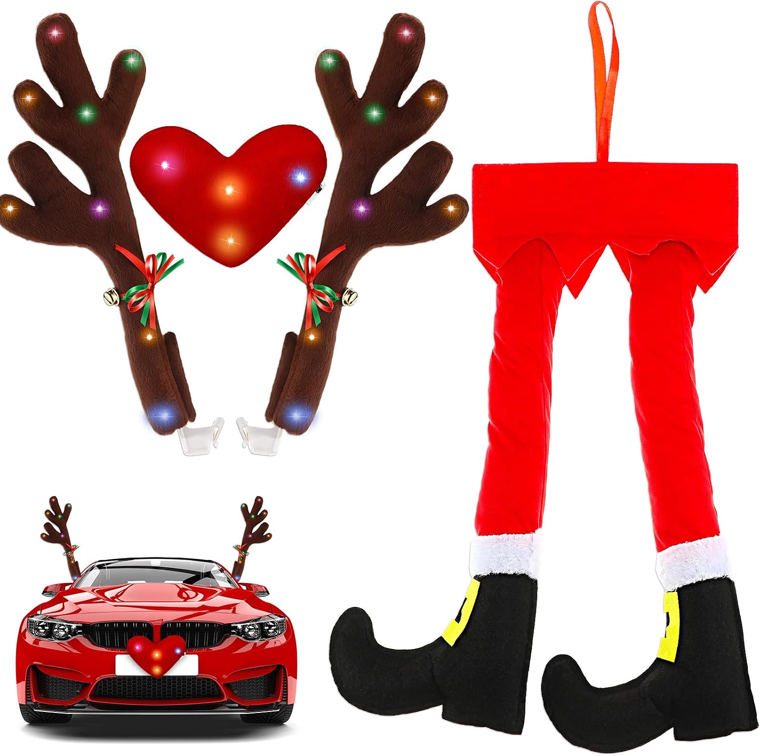Frienda 2 Pcs Car Reindeer Antler Kit Christmas Decorations with LED Lights Hanging Santa Claus Legs and Deer Nose Star Candy Canes Auto Accessories for Christmas Car Decorations (Cute Style)