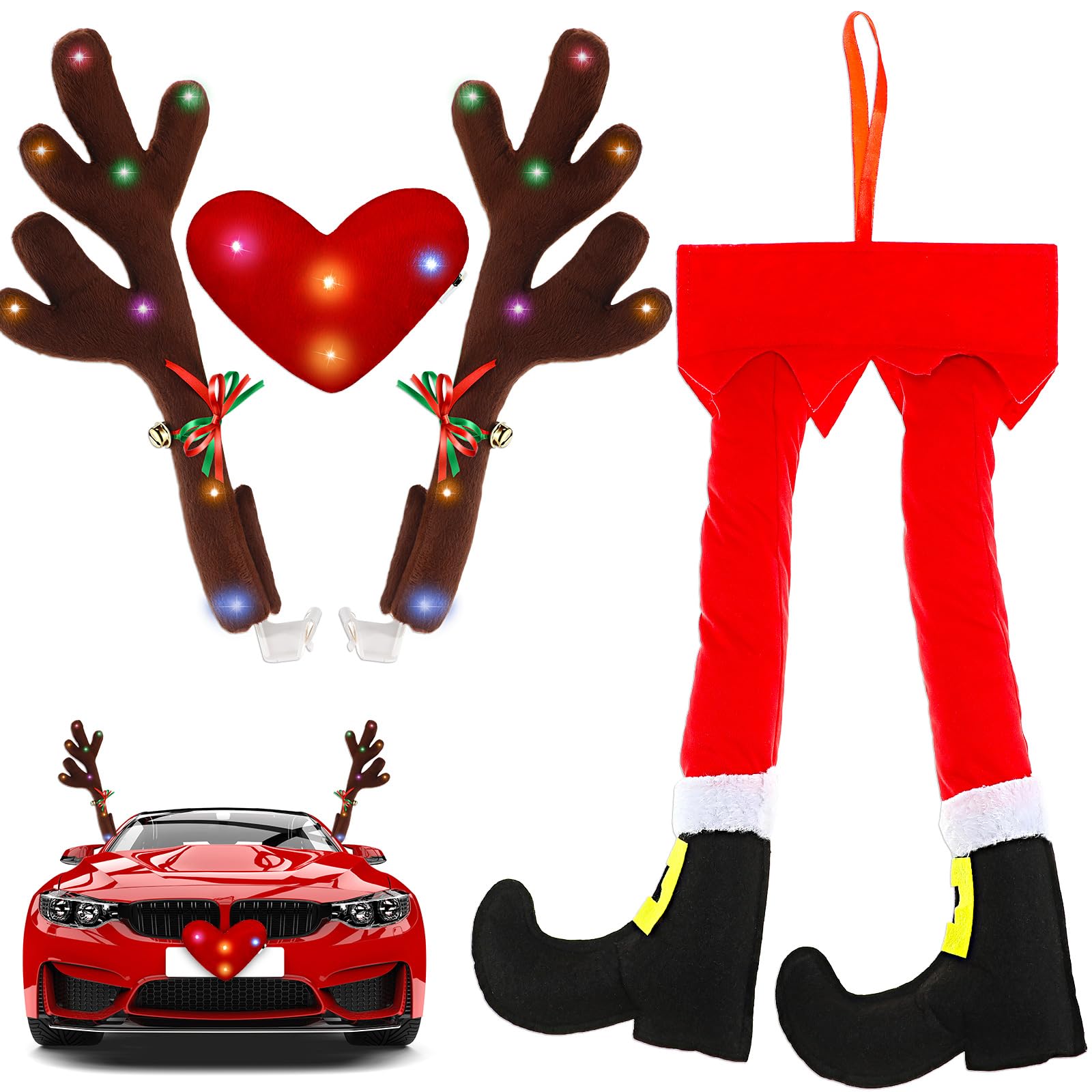 Frienda 2 Pcs Car Reindeer Antler Kit Christmas Decorations with LED Lights Hanging Santa Claus Legs and Deer Nose Star Candy Canes Auto Accessories for Christmas Car Decorations (Cute Style)