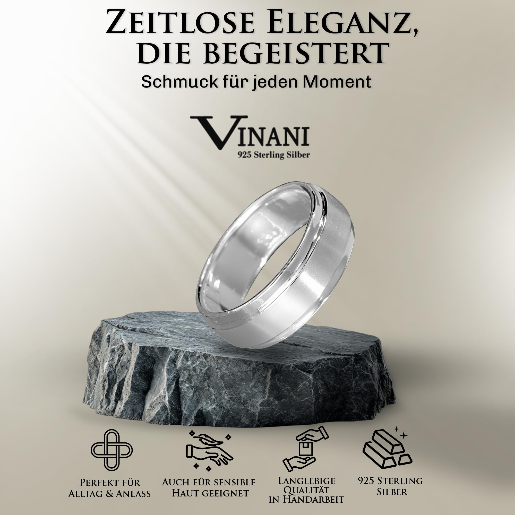 Vinani Ring aus 925 Sterling Silber - Schmaler Damenring mit zwei Bändern mattiert und glänzend klassisch zeitlos für Frauen, nickelfrei & antiallergisch, Designed in Deutschland, RIL