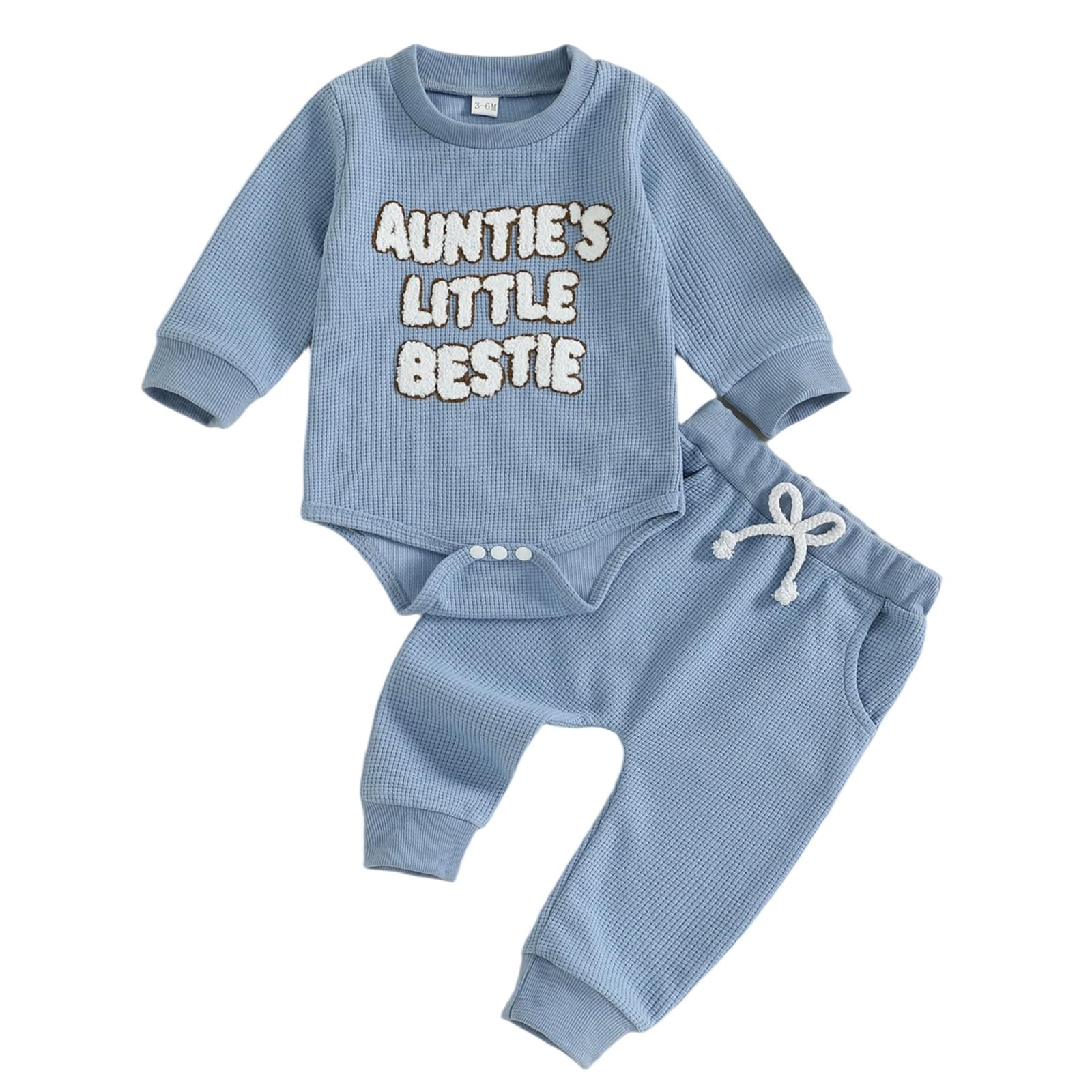 SAYOO Aunties Bestie Baby Clothes Gender Neutral Baby Boy Girl Embroidery Waffle Sweatshirt Bodysuit Romper Pant Fall Outfit