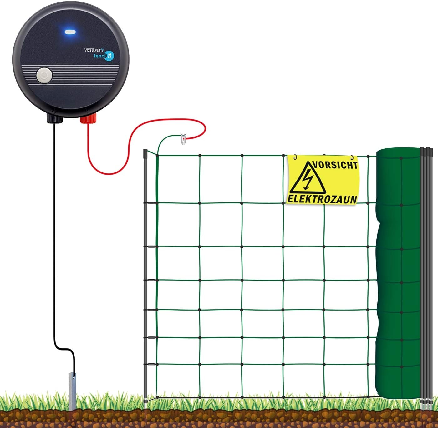 VOSS.farming Elektrozaun Komplettset 50m – Hundezaun Mit 9500V, 0,6 Joule, Inkl. Litze & Pfähle