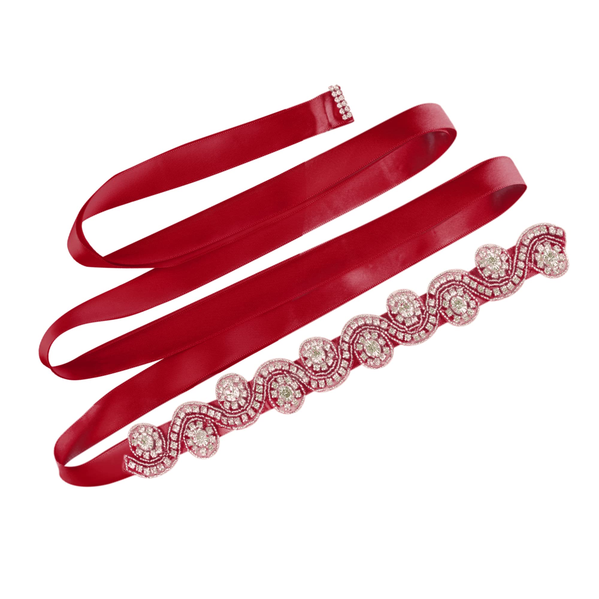 sourcing map Women Beaded Rhinestone Satin Ribbon Bridal Belt Red