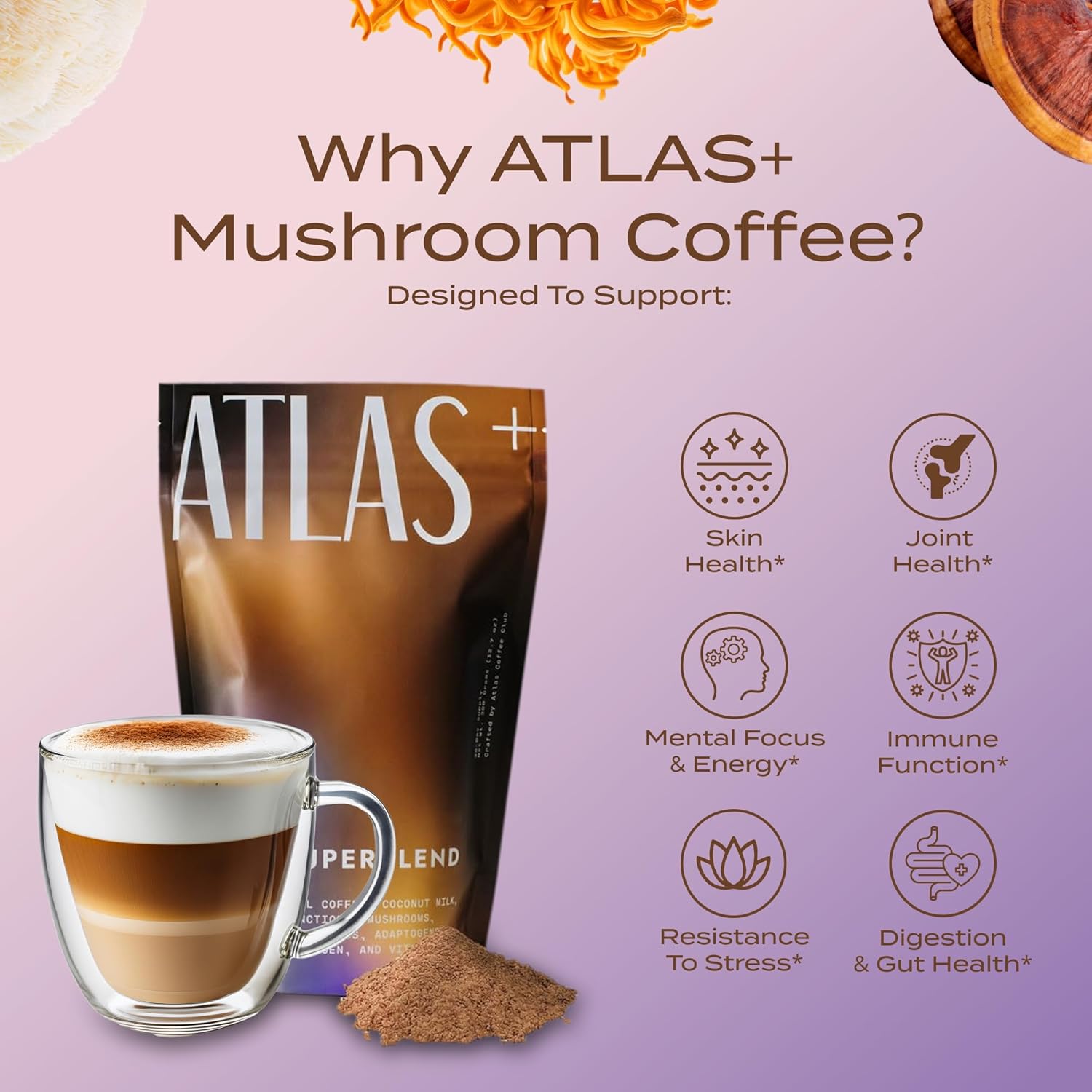 Atlas+ Mushroom Coffee & Latte Superblend Duo Pack– Premium Instant Coffee with Collagen, Probiotics, D3 & B12, Lion’s Mane, Reishi, Cordyceps for Energy, Focus, Gut Health– 48 Servings (2 Bags)