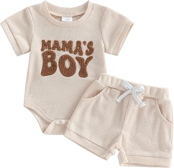 Newborn Baby Boy Clothes Waffle Knit MAMAS BOY Embroidery Romper Set