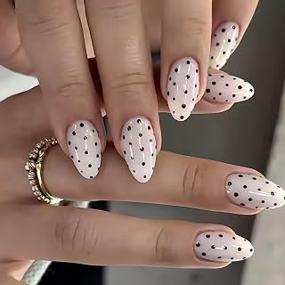 White Medium Short Almond Press On Nails, Black Polka Dots, 24PCS | Glossy nude full cover Fake Nails with playful spotted art, reusable glue on manicure for office, dates, parties, vacation