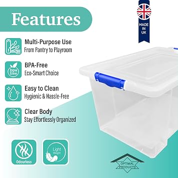 Optimal Products 3 x Storage Boxes With Clip Lock Lids Litre Heavy Duty Clear Stackable Lockable Multipurpose Plastic Storage Box Indoor Outdoor Containers Home,Office,Kitchen,Garage (3 x 50 Litre)