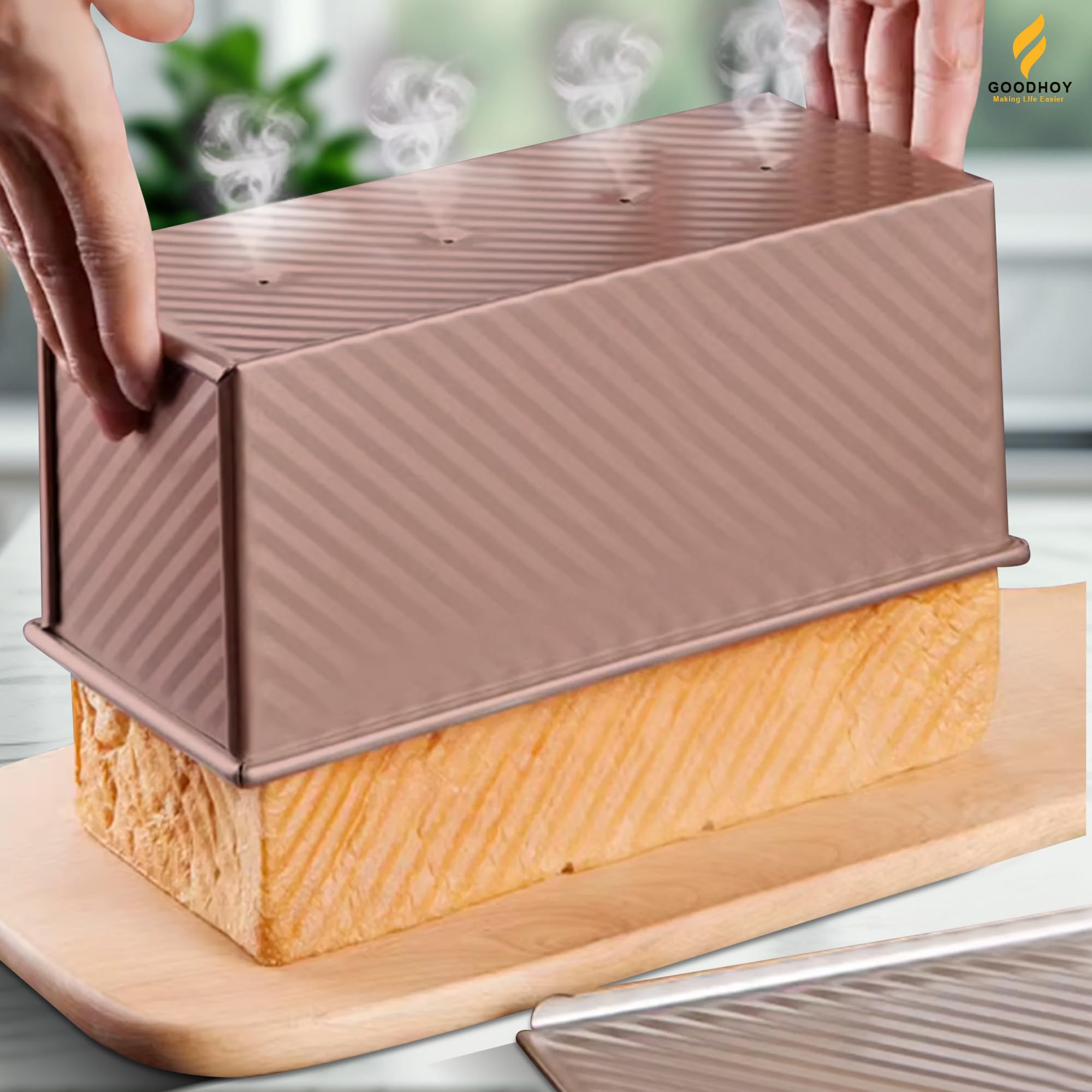 Juego de 2.2 libras de molde antiadherente con tapa para pan casero. Molde para hornear pan sándwich con tapa deslizante, caja de tostadas duradera para pan cuadrado Shokupan pan de leche
