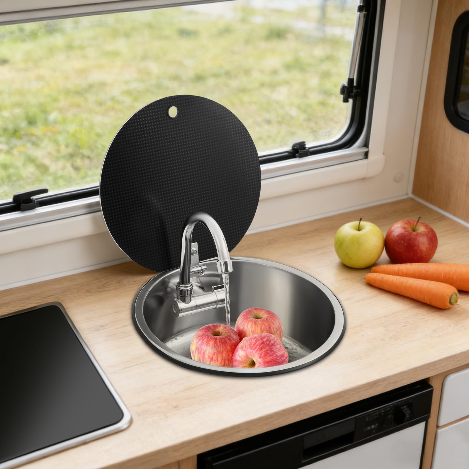 RV - Lavabo da cucina, con chiusura lampo, rotondo, con rubinetto pieghevole, in acciaio inox, con tubo di scarico e tubi di alimentazione, coperchio, per cucina, bagno, camper