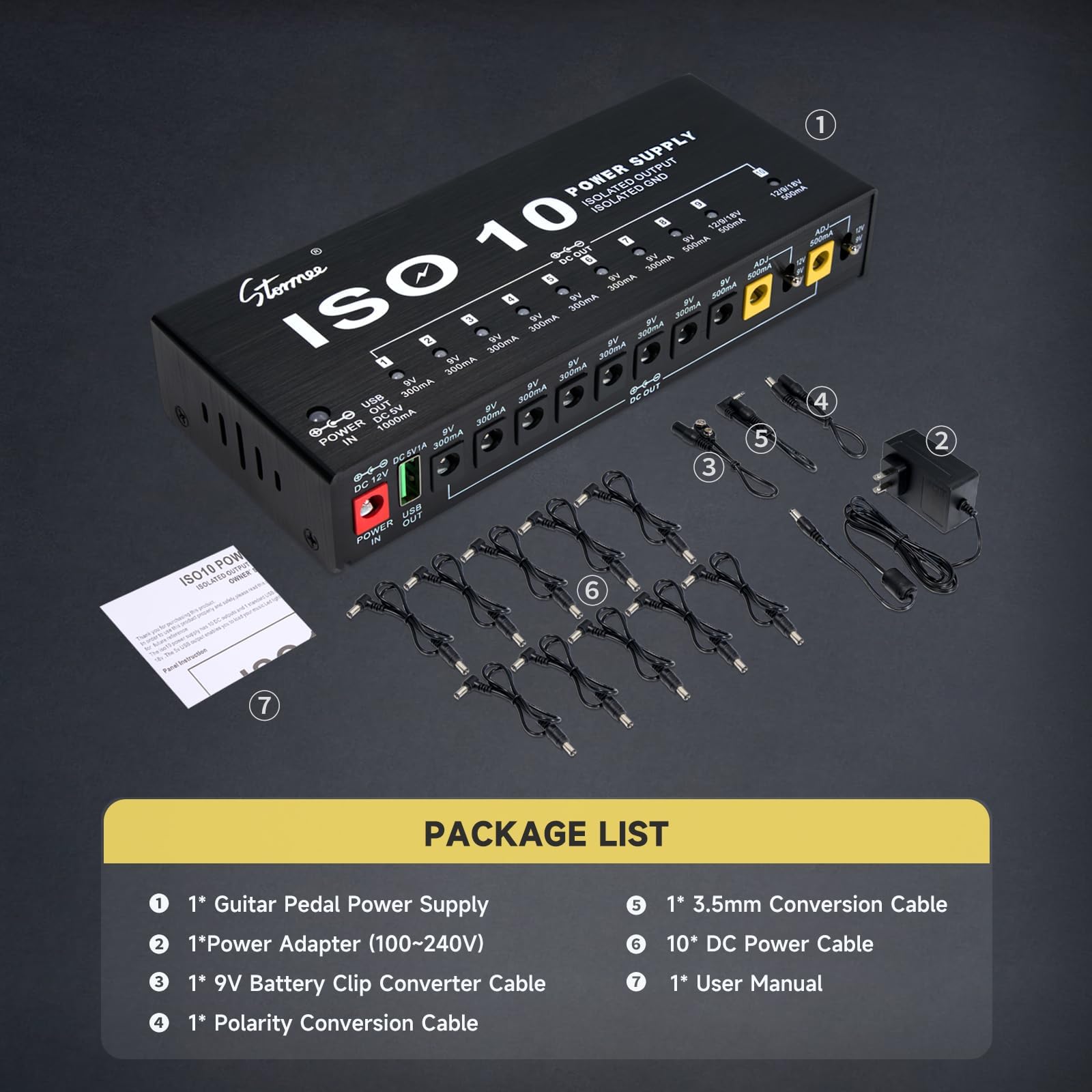 Stormee SP-2 - Alimentatore a pedale per chitarra, 10 uscite CC isolate, 9V/12V/18V 300mA 500mA per pedali effetto, con porta USB, protezione da sovracorrente da cortocircuito