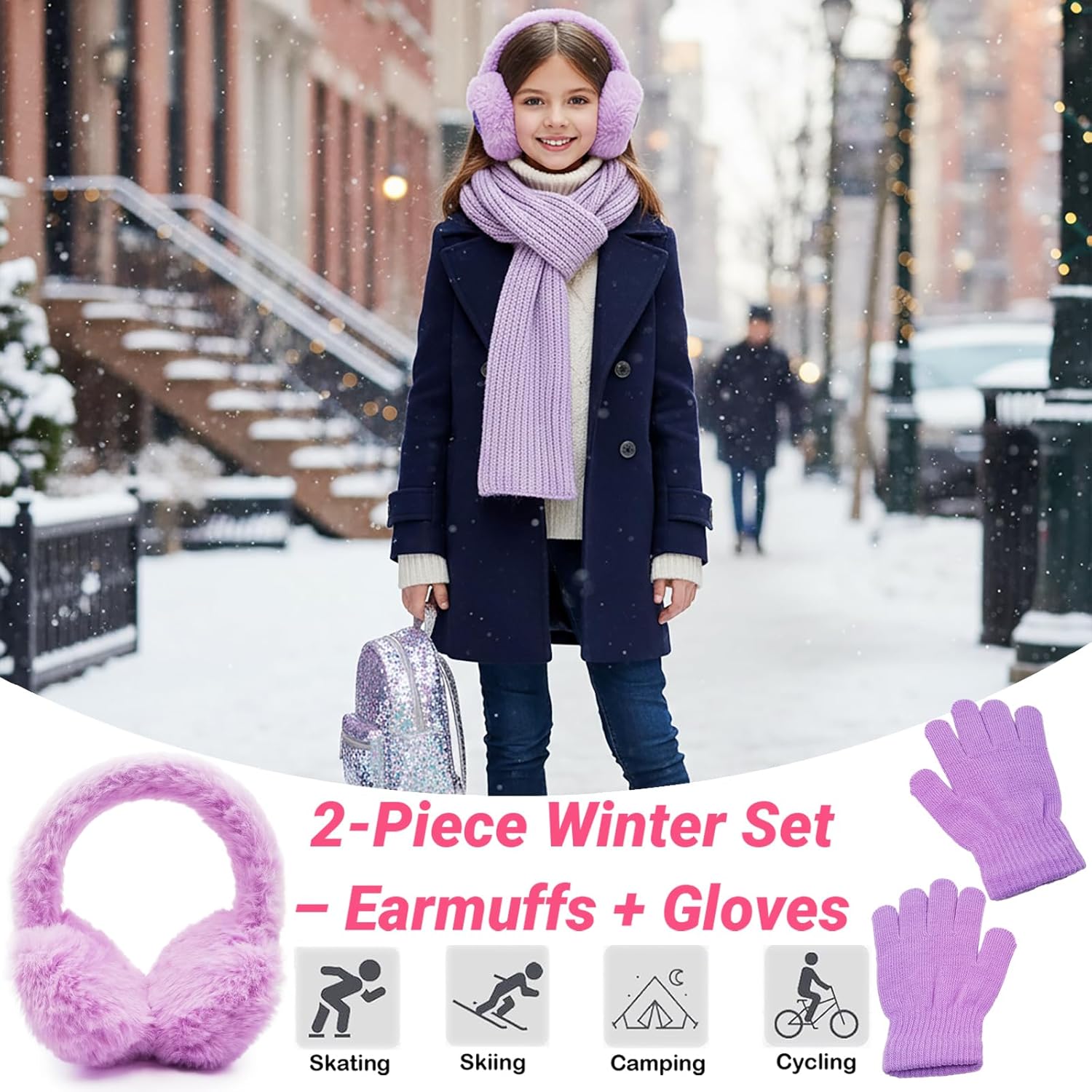 W&LESVAGO Kids Cat Ear Earmuffs with Matching Gloves, Winter Plush Ear Warmers and Sequin Headband Set for Girls - Image 2