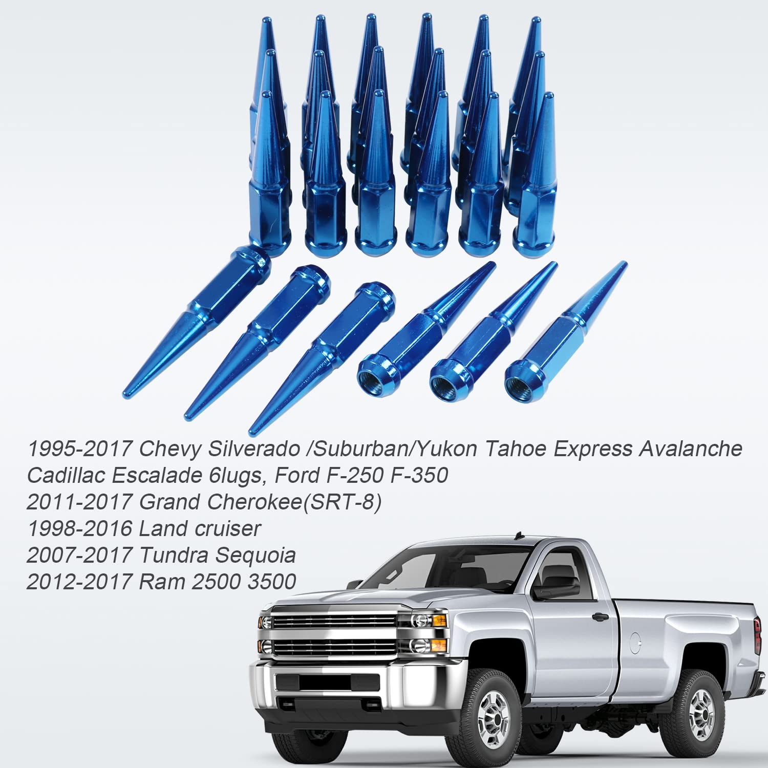 CARMOCAR 24 PCS Wheel Spike Lug Nuts 14 mm x 1.5 for Chevy Silverado,Tahoe 4.4" Tall with 1 Lug Nuts Socket Key, Blue