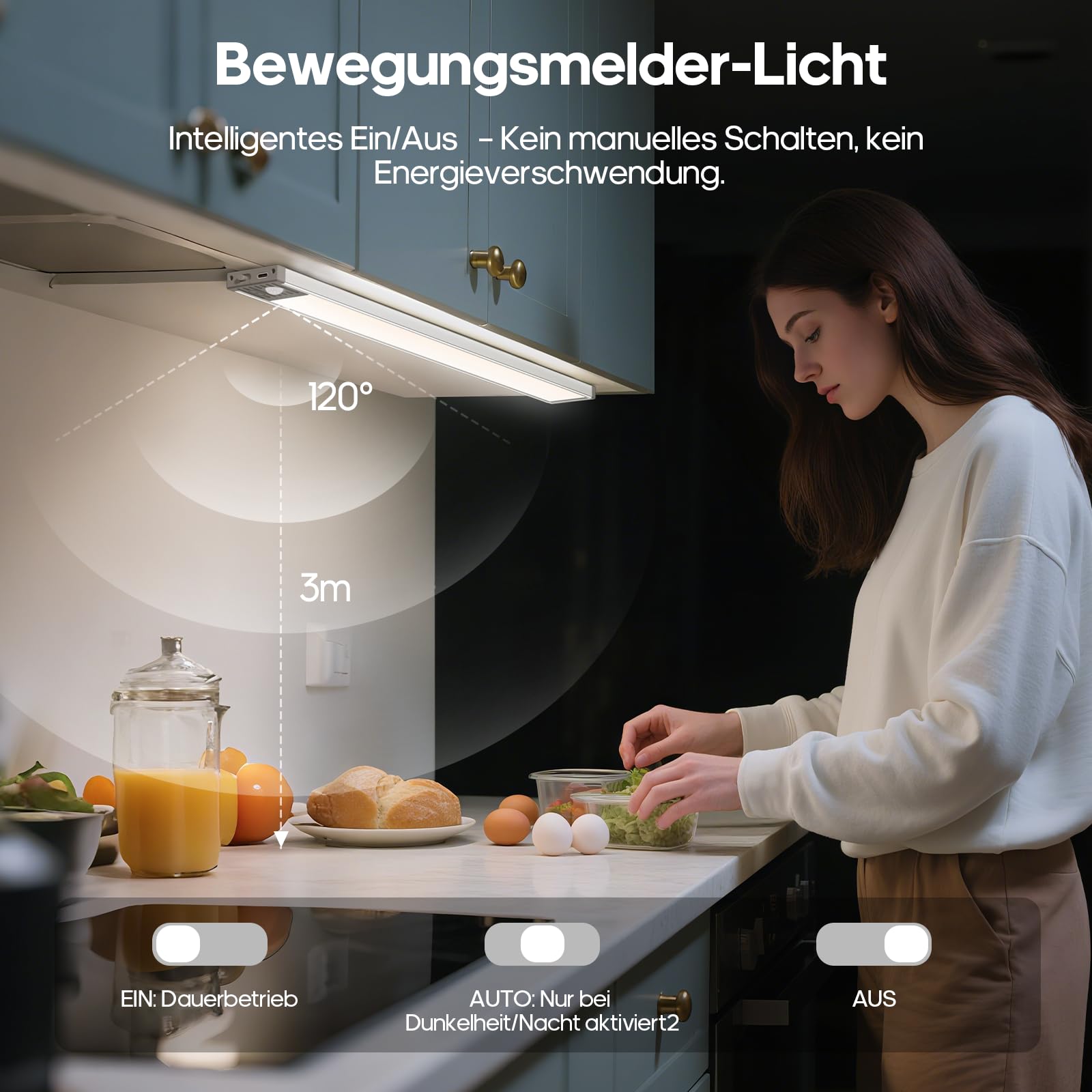 GOODEA 44.5CM Unterbauleuchte Küche LED Schrankbeleuchtung - 4500mAh Akku Bewegungsmelder Licht - 3 Farbten Dimmbar Unterschrank Beleuchtung Magnetisch LED Leiste für Küchen Schrank Büro RV [2er Set]