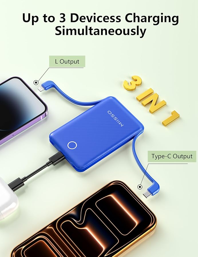 miisso 10000mAh Mini Portable Charger with Built in Cable, Pocket Size Power Bank Travel External Battery Pack for Phone, 3 Output USB Type C Cord Clutch Compatible with iPhone, Samsung, Deepblue - image 5