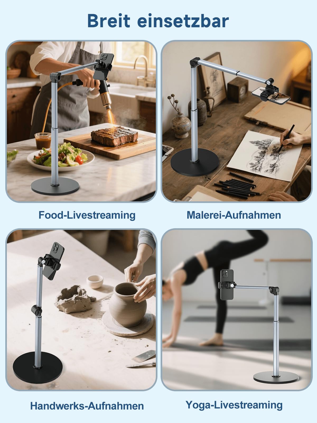 Mistriddle Schwerer Aluminium-Overhead-Handyständer – Verstellbares iPhone-Stativ für Overhead-Aufnahmen, Stabiler Halter zum Kochen, Basteln, Filmen und Malen – Ideal für Creator(Klemme)