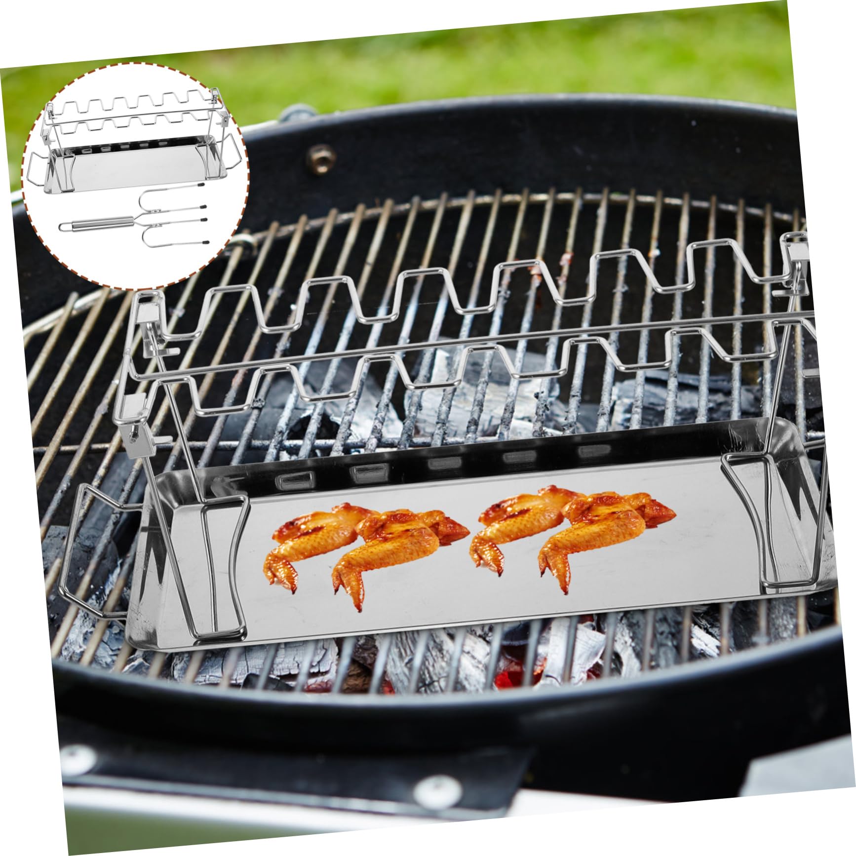 Set Forchetta e Griglia da Arrosto Pieghevoli in Acciaio Inox | Colore Argento, per Campeggio e Barbecue All’aperto, Vassoio e Struttura Pratica