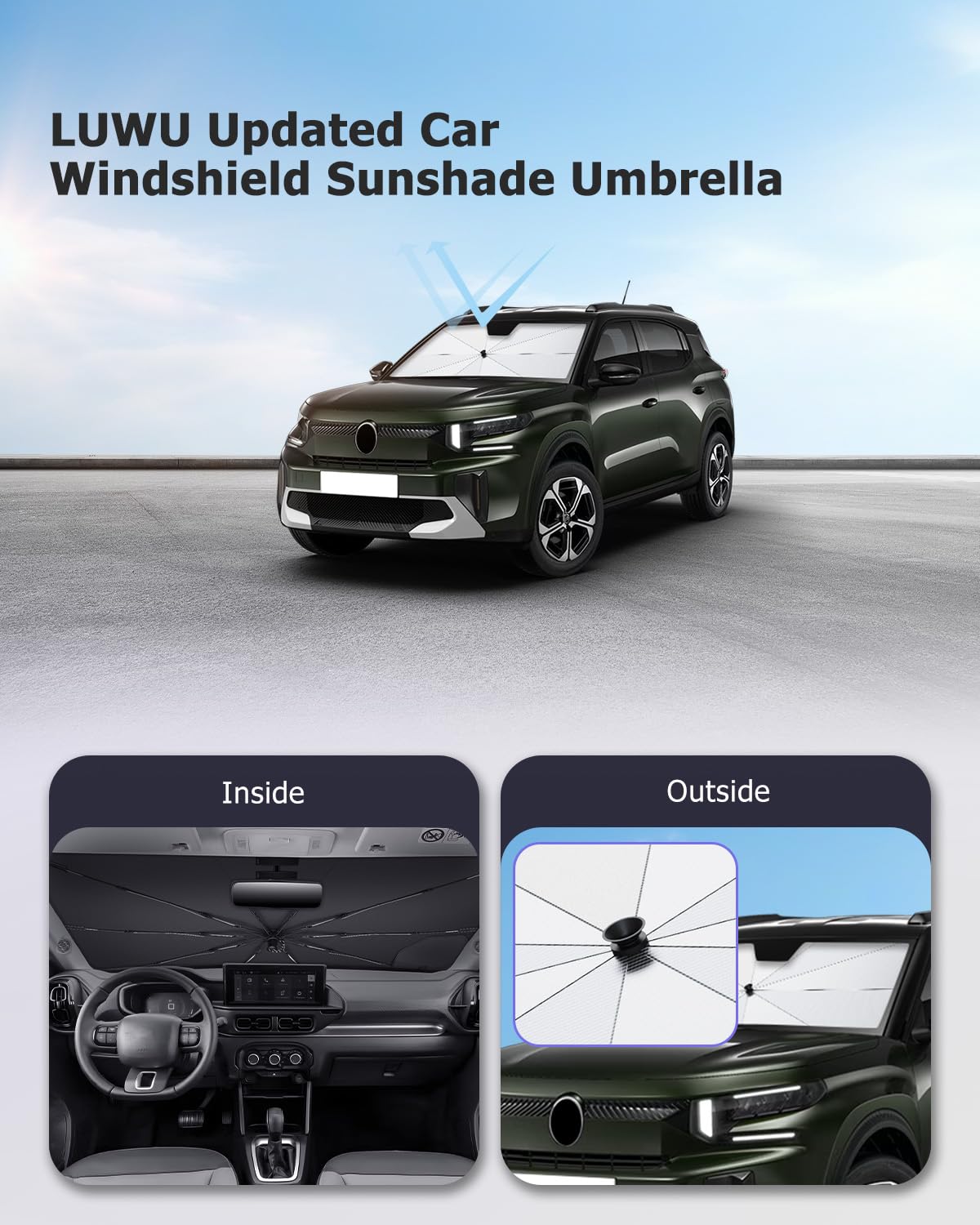 LUWU [Aggiornato] Ombrello Parasole Auto Compatibile con Citroen C3 (CC24) 2024 2025 2026 Parabrezza Parasole Auto ad Ombrello Pieghevole per Parabrezza Anteriore Interno C3 CC24 Accessori