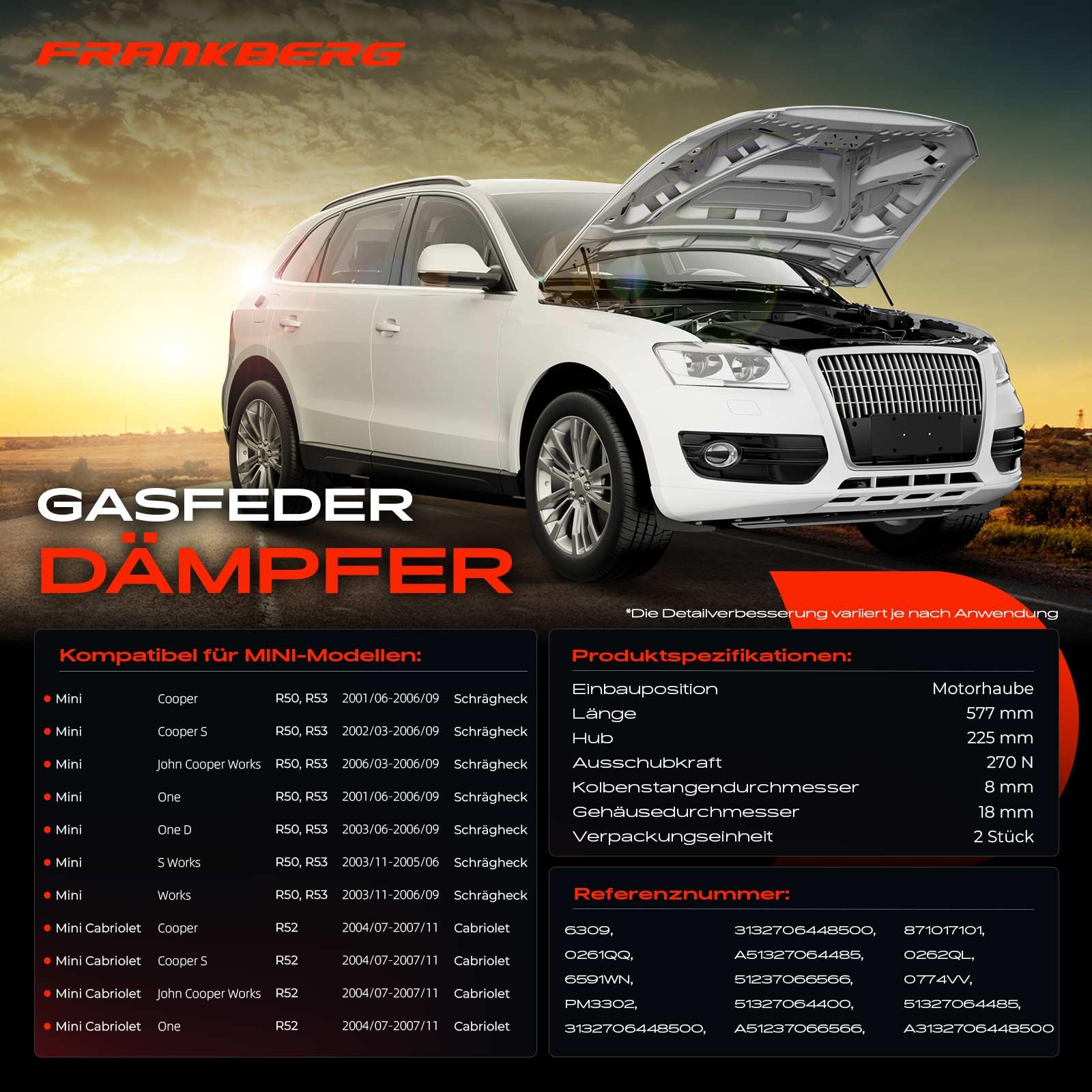 Frankberg 2x Gasfeder Dämpfer Motorhaube Kompatibel mit M.i.n.i R50 R53 Schrägheck 2001-2006 M.i.n.i Cabriolet R52 Cabriolet 2004-2007 Replace# 51327064485