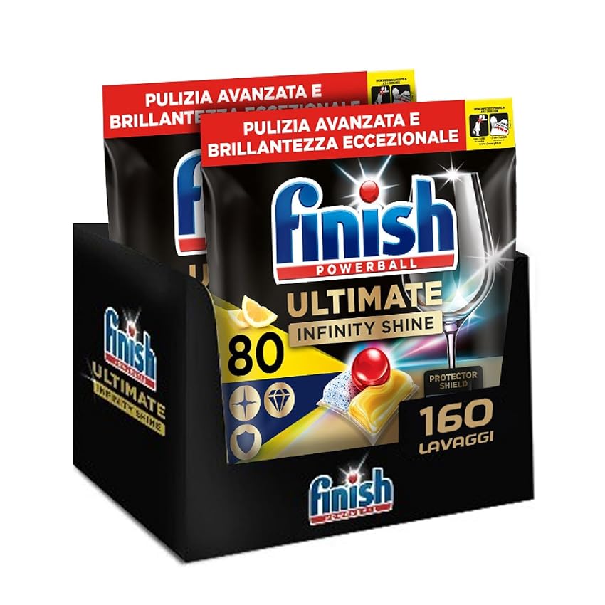Immagine del prodotto Finish Ultimate Infinity Shine Pastiglie Lavastoviglie al Limone, 160 Capsule, con Scudo Protettivo contro lo Sporco e i Residui Incrostati