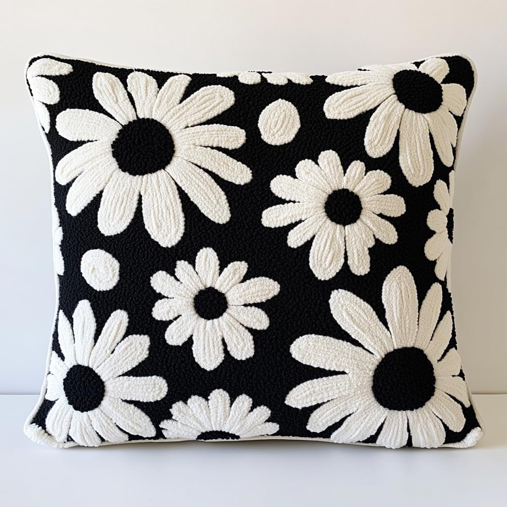 DIY Punch Needle Pillow Kit Black and White Daisy Flowers with Pattern and Hoop Handmade Embroidery Punch Needle Starter Pillowcase Making Set for Home Sofa Decoration 43x43cm-4
