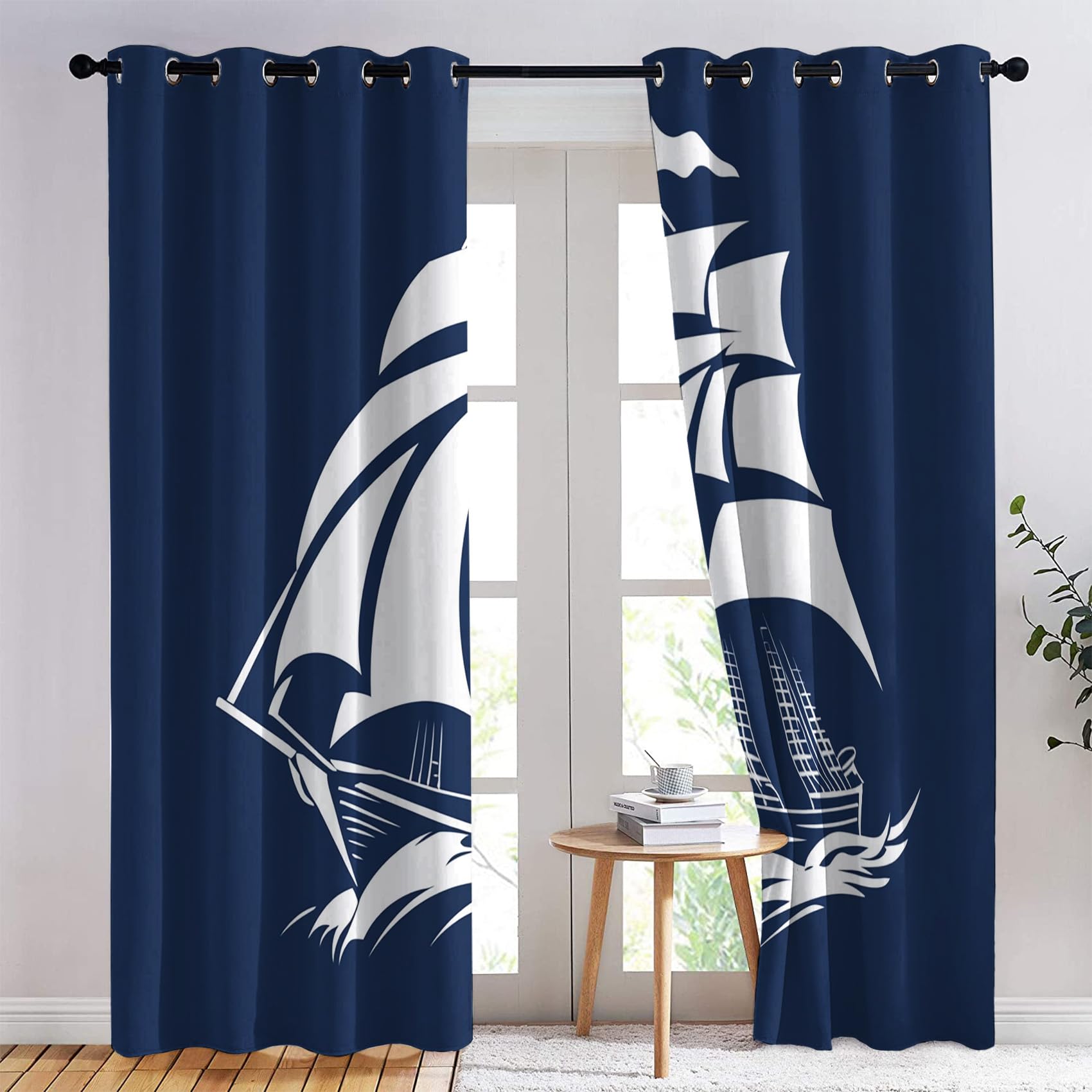 Rideau Occultant Nautique - Décoration Nautique, Rideau Thermique Motif Voilier Bleu Marine Bord de Mer, Lot de 2 Rideaux Opaque à Oeillets pour Fenetre Chambre Salon, 117x137 cm (LxH) Y#143