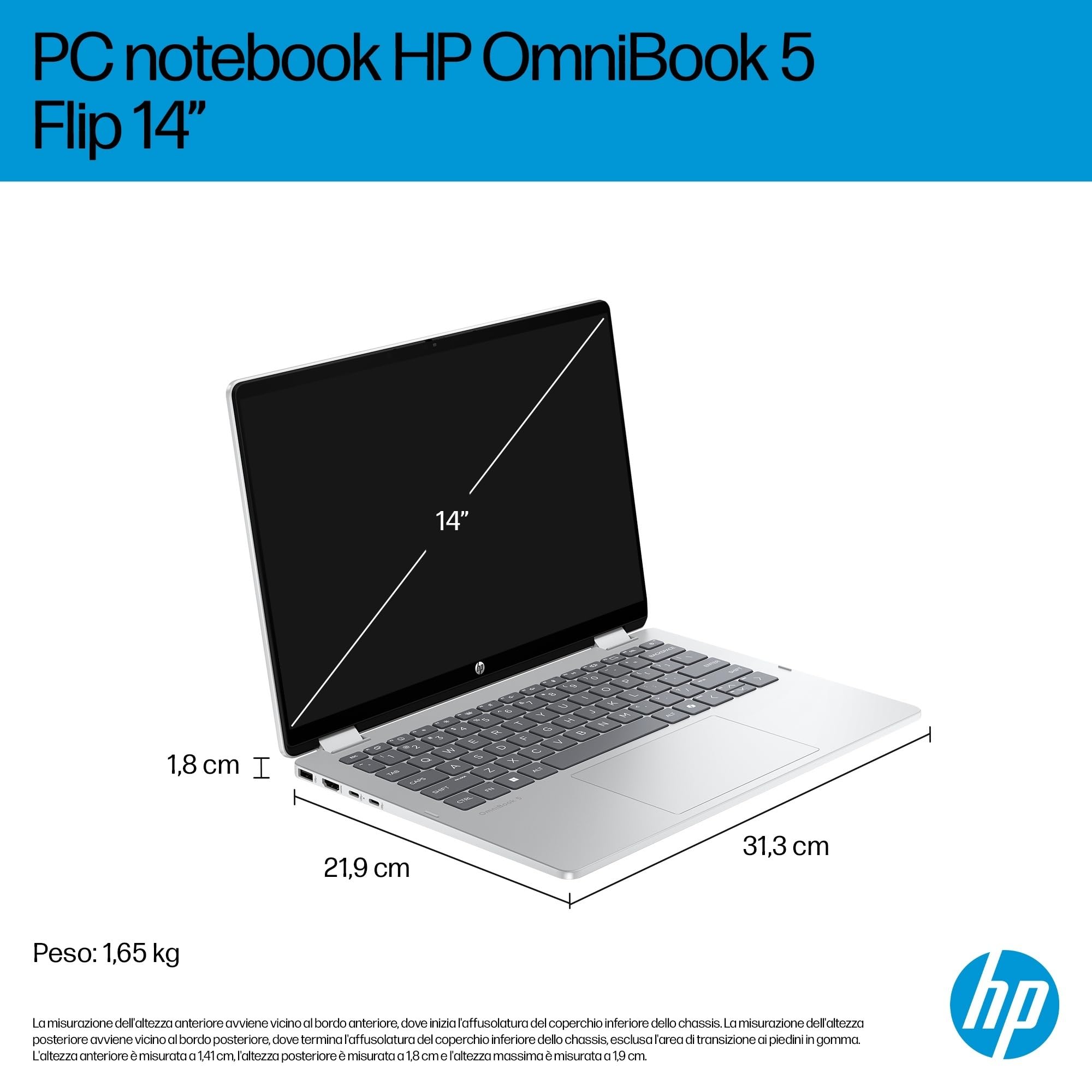 HP OmniBook 5 Flip 14-fp0004sl, Notebook, (Processore Intel Core 3 100U, 8GB RAM, 512GB SSD, Windows 11), Lavoro d'ufficio avanzato, Multitasking, Convertibile, Tastiera Italiana QWERTY, Argento
