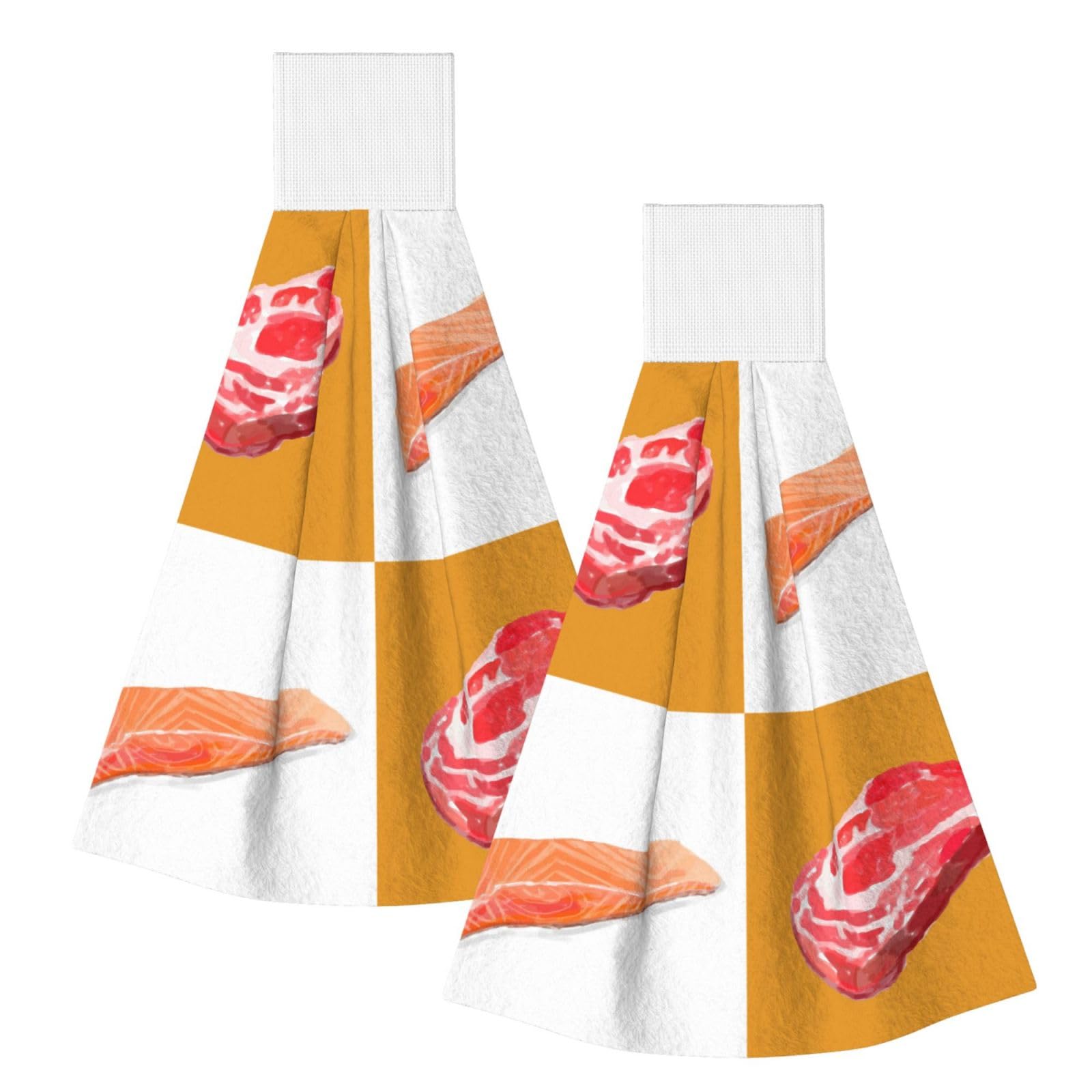 DOPKLNA Delicious Salmon And Steak, 2 Pcs Hanging Coral Fiber Hand Towels for Bathroom, Absorbent Kitchen Towels