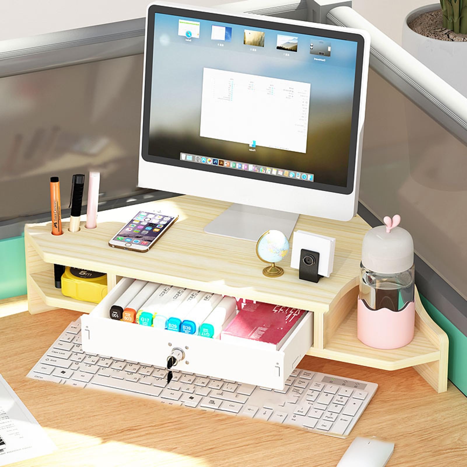SDGcfgjW corner desks， Desktop Organizer Computer Monitor Stand Laptop Riser, 2 Tier Triangle Screen Risers for PC/TV/Tablet(Natural)