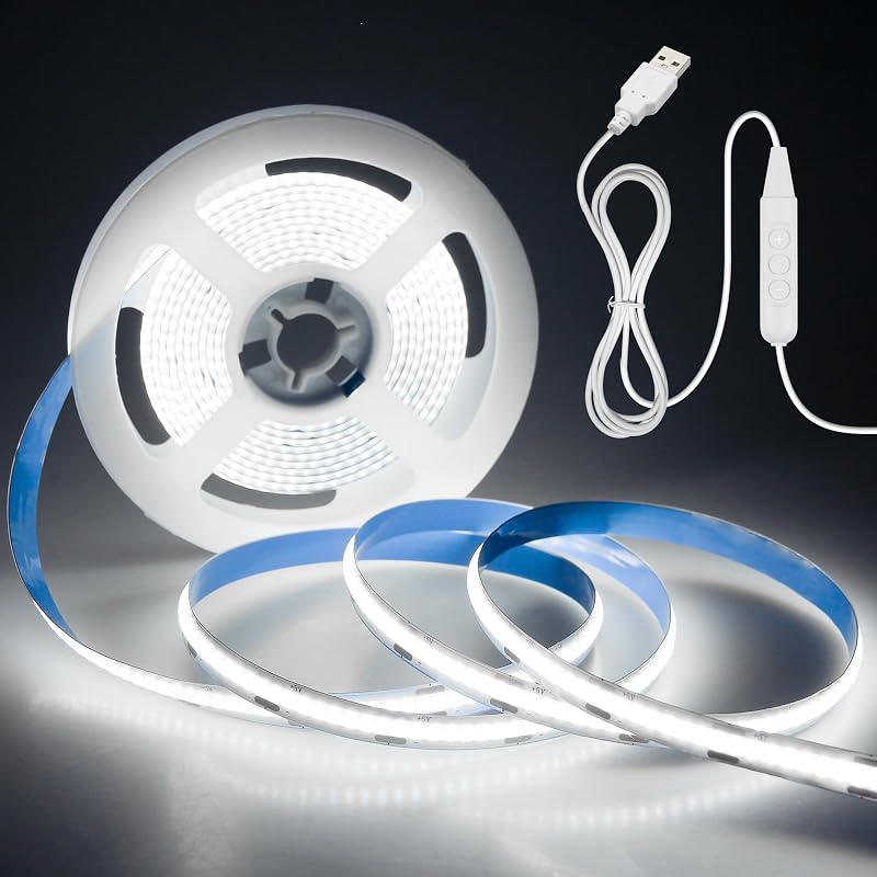 Aclorol Tira de luz LED COB de 5 V alimentada por USB 6000 K 9,84 pies/3 M 960 LED Tira de luz LED flexible regulable con atenuador 8 mm de ancho Cinta de luz LED sin puntos para retroiluminación de TV Impresora 3D Espejo de cocina Armario