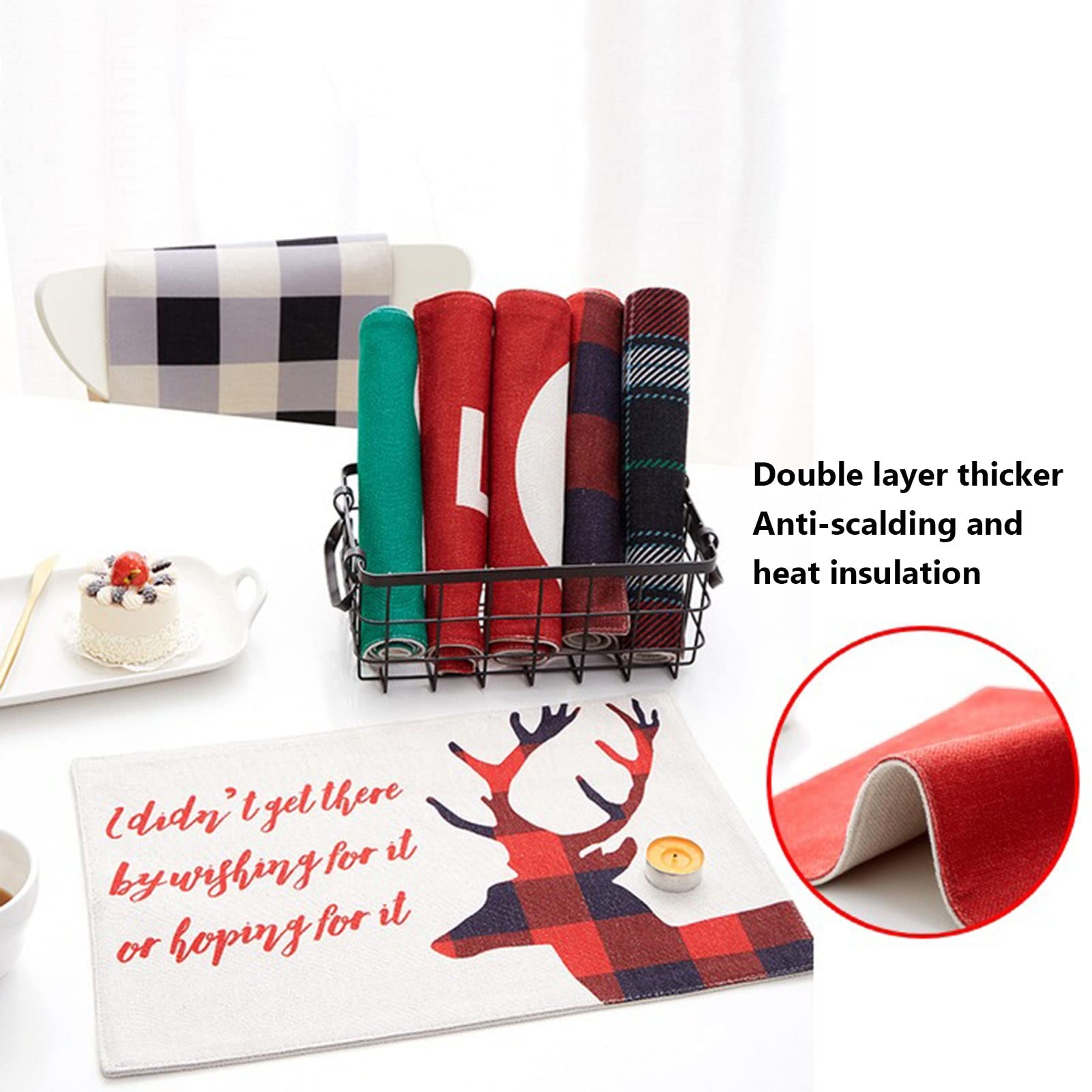 RENRUIRUI- Juego De 6 Navideños, con Tapetes De Tela Lavables Resistentes Al Calor con Estampado De Ciervos A Cuadros, para La Decoración De Año Nuevo De Navidad