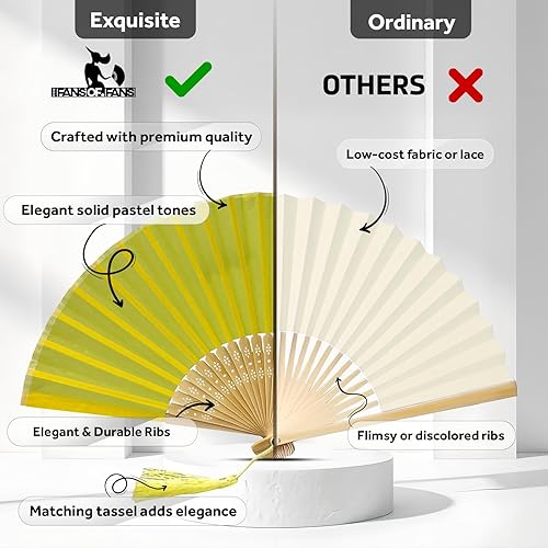 Miniatura 104 de FANSOF.FANS Abanico de mano plegable de mano de tela con borla de grado A, varillas de bambú para mujeres y niñas, fiesta de verano, eventos, Azul