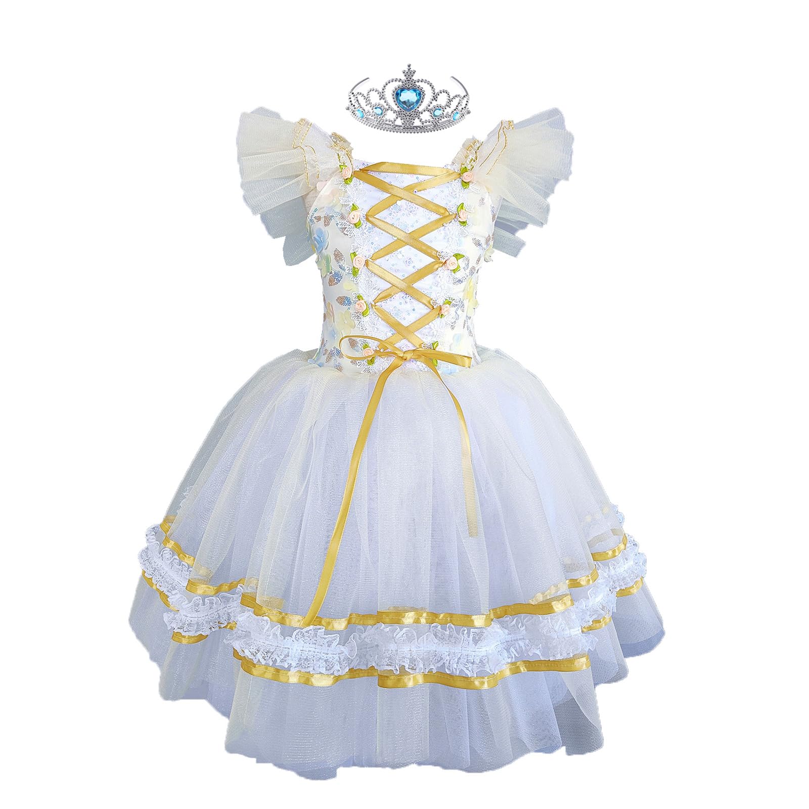Kinder Mädchen Glitzer Tüll Ballett Tutu Kleid, Mit Rüschenärmel & Kron Ballettkleid, Prinzessin Ballerina Tanzkostüm
