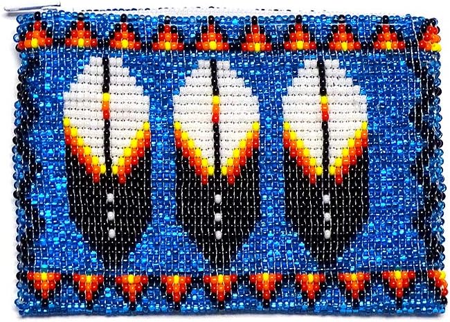 Native American Inspired Feather Czech Glass Seed Bead Coin Purse Pouch - Handmade Tribal Bags (Light Pink)