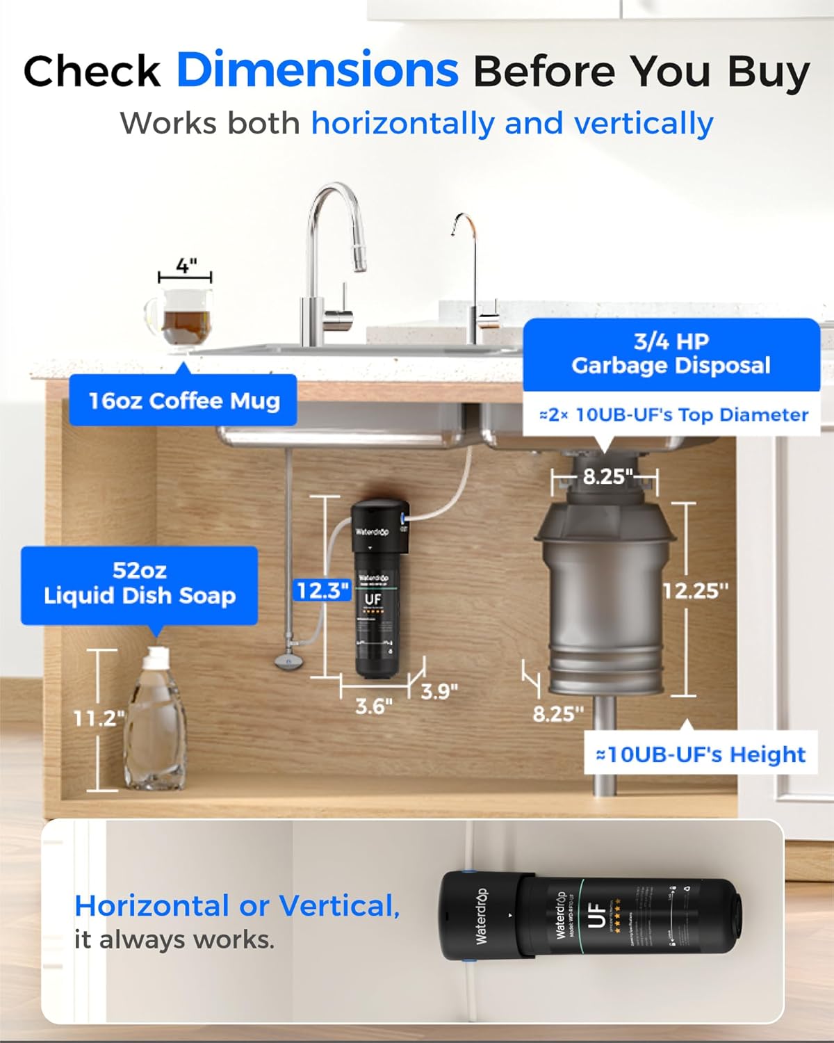 Diagram showing how to check dimensions under the sink for horizontal or vertical filter installation, next to a garbage disposal and soap dispenser.