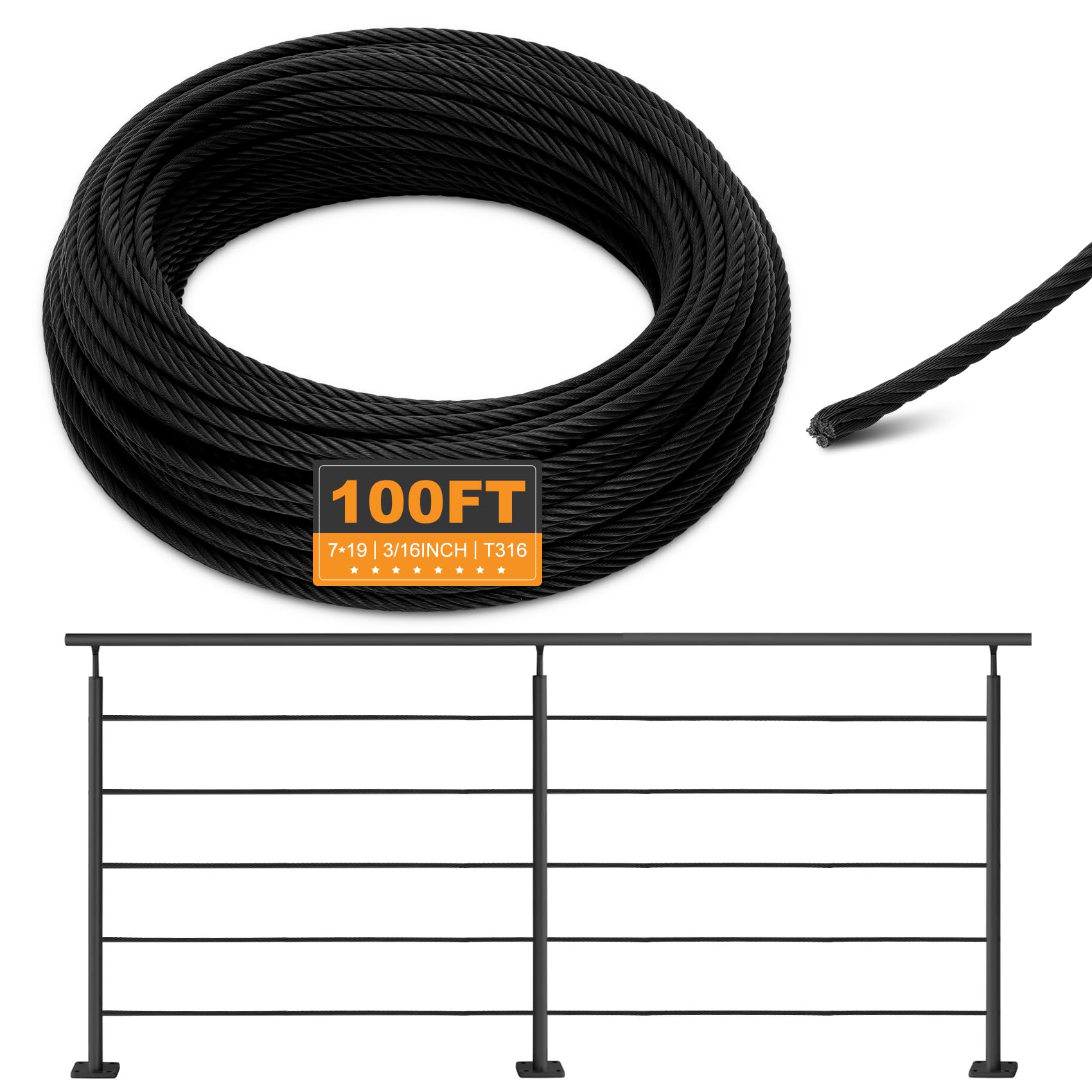Photo 1 of T316 Black 3/16IN Stainless Steel Cable, 100ft Wire Rope, 7X19 Strands Aircraft Cable, 3700lbs Breaking Strength, Zip Line for Heavy Duty Applications, Deck Railing, String Lights & Yard Zipline