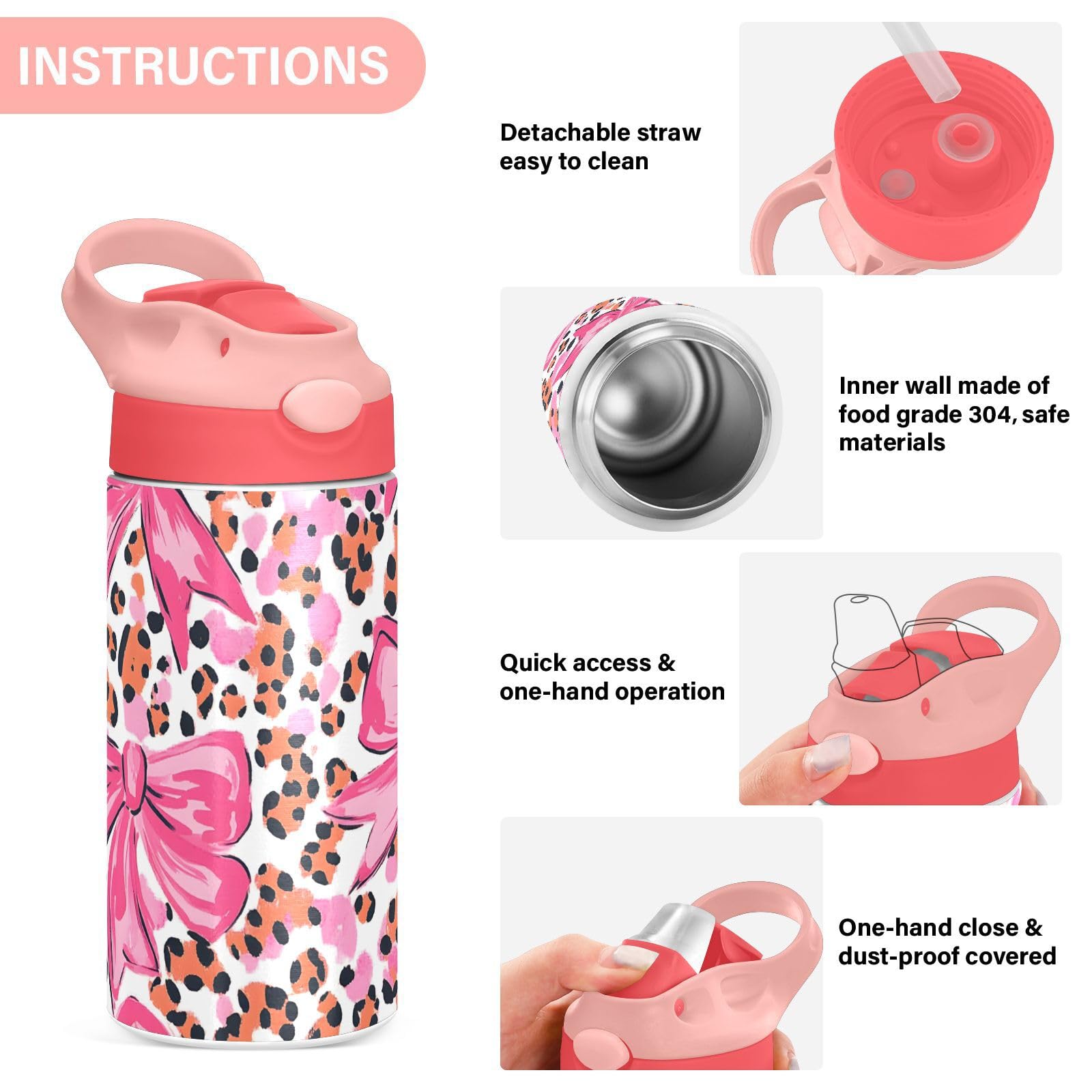 Borraccia termica per bambini con stampa leopardata e fiocco rosa, tazza da viaggio con cannuccia e manico, tazza in acciaio inox, per viaggi, scuola, ragazze, 350 ml