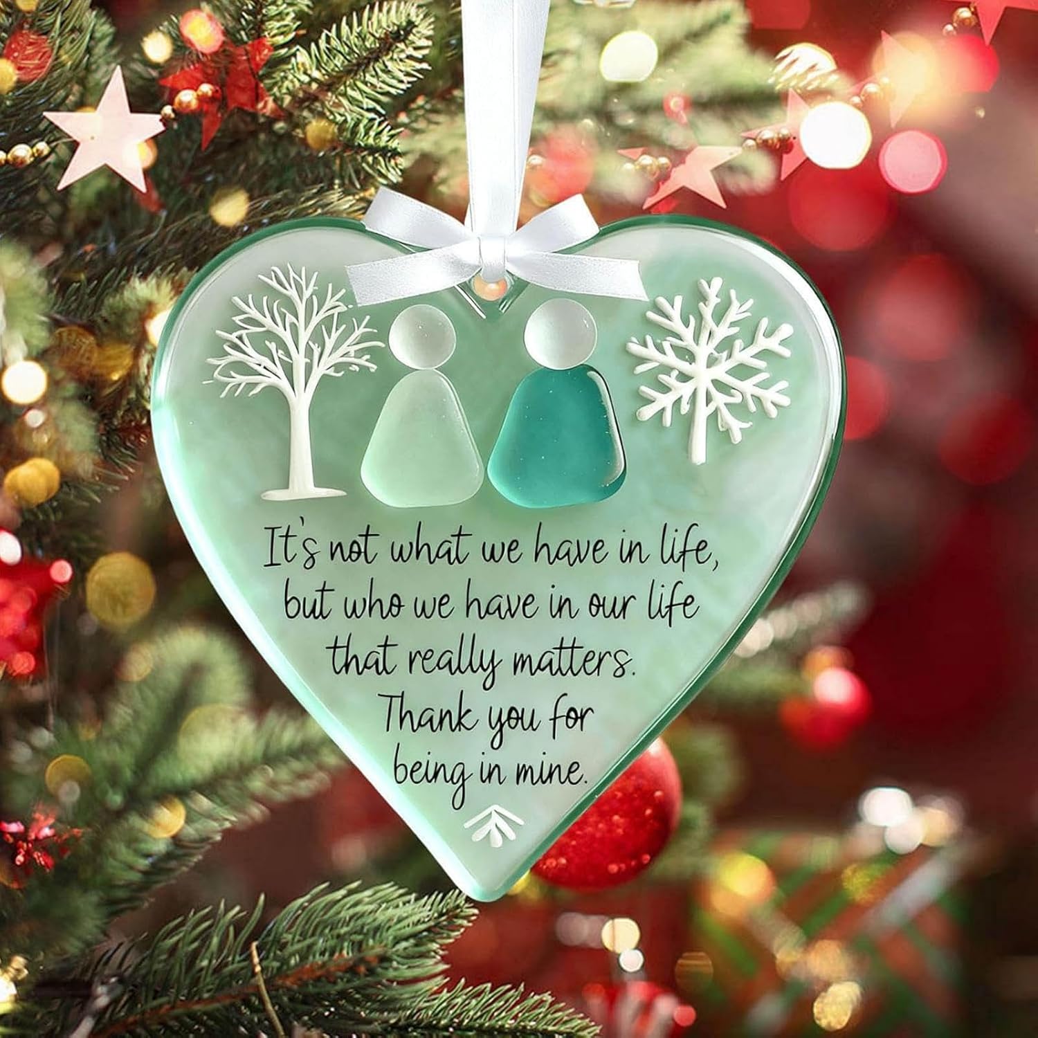 Friendship Snowflake Keepsake Ornament, Sea Glass Friendship Decor, Christmas Tree Seaglass Heart-Shaped Hanging Decorations for Best Friends, Friendsgiving Gifts for Bestie(2pcs B)