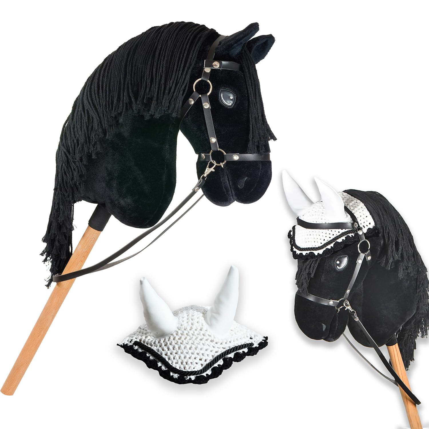 Hobby Horse Friese Schwarz A3 – Steckenpferd Komplettset mit Zaumzeug, Zügeln, Gebiss & weißer Fliegenhaube – Friesenpferd Spielzeug für Kinder