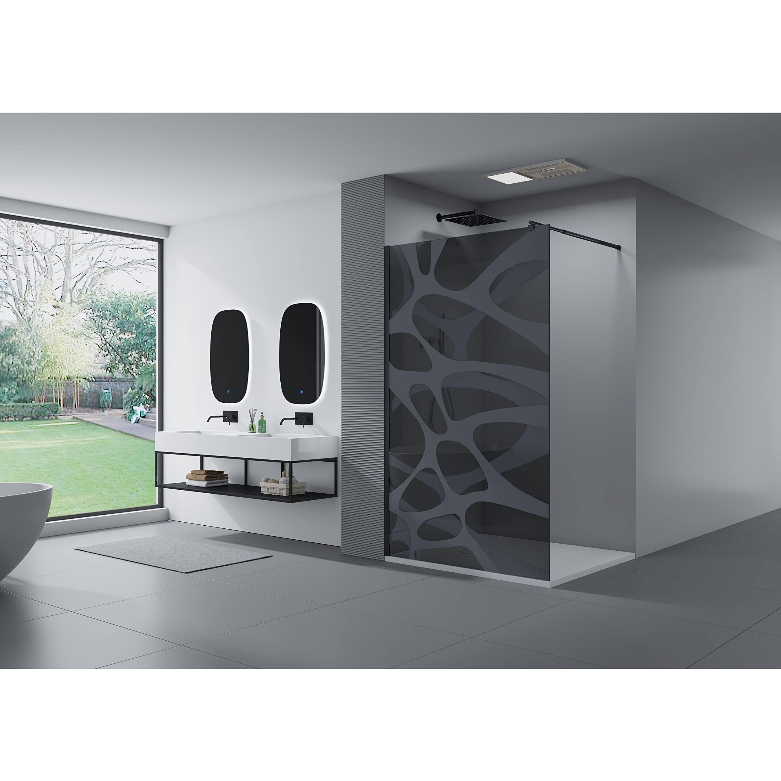 BERNSTEIN - Paroi de douche à l'italienne 200x140cm (HxL), modèle Wave en verre gris 10mm avec motifs opaques - Profil noir mat - EX101