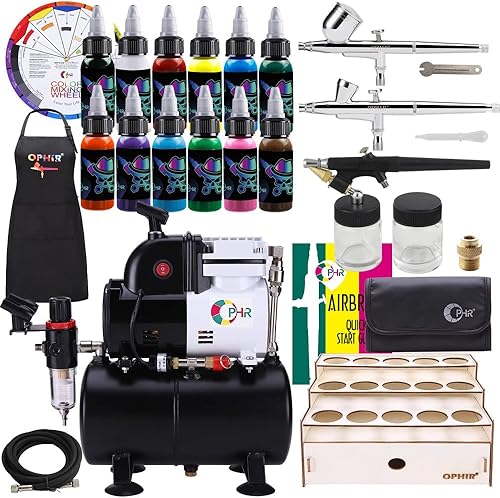 Miniatura 7 de OPHIR Kit profesional de 3 aerógrafos y tanque de compresor de aire de 3 litros con 12 colores juego de pintura acrílica y estante de pintura de