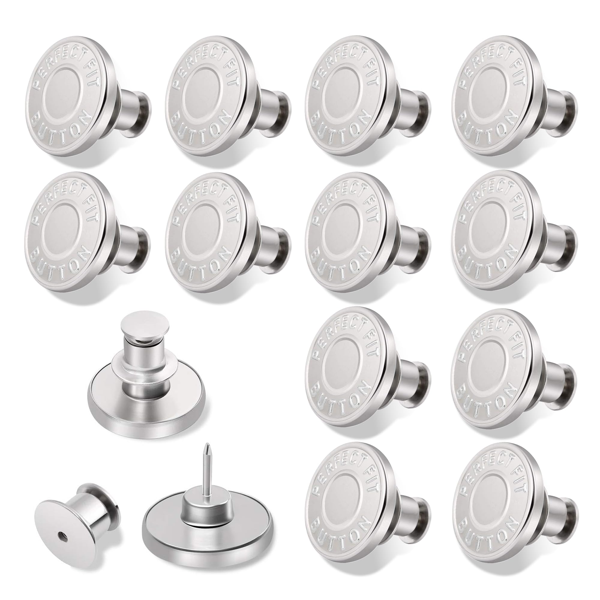 GrueGard Jeansknopf ohne Nähen, 12 Stücke 17mm Verstellbarer Ersatz-Knopf Hosen Enger Machen, DIY Hosenknöpfe für Jeansreparatur & Größenanpassung (Dunkel Silber)