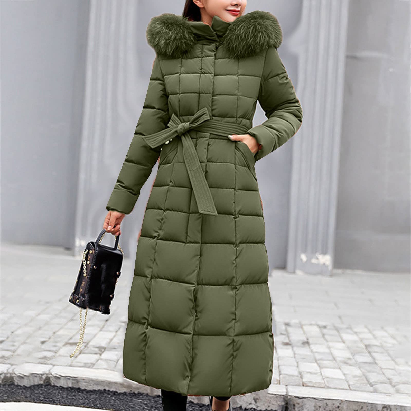 Piumino trapuntato da donna invernale - piumini lunghi per le donne piumini trapuntati giacca a vento slim fit cappotto con tasche piumini parka con cappuccio in pelliccia cappotto con cintura piumino