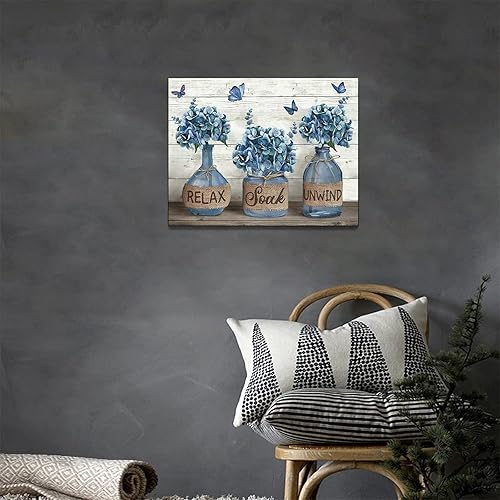 Miniatura 5 de Decoración de baño de granja, arte de pared de hortensia azul, imágenes de baño para pared, rústico, campo, baño, impresiones en lienzo para baño,