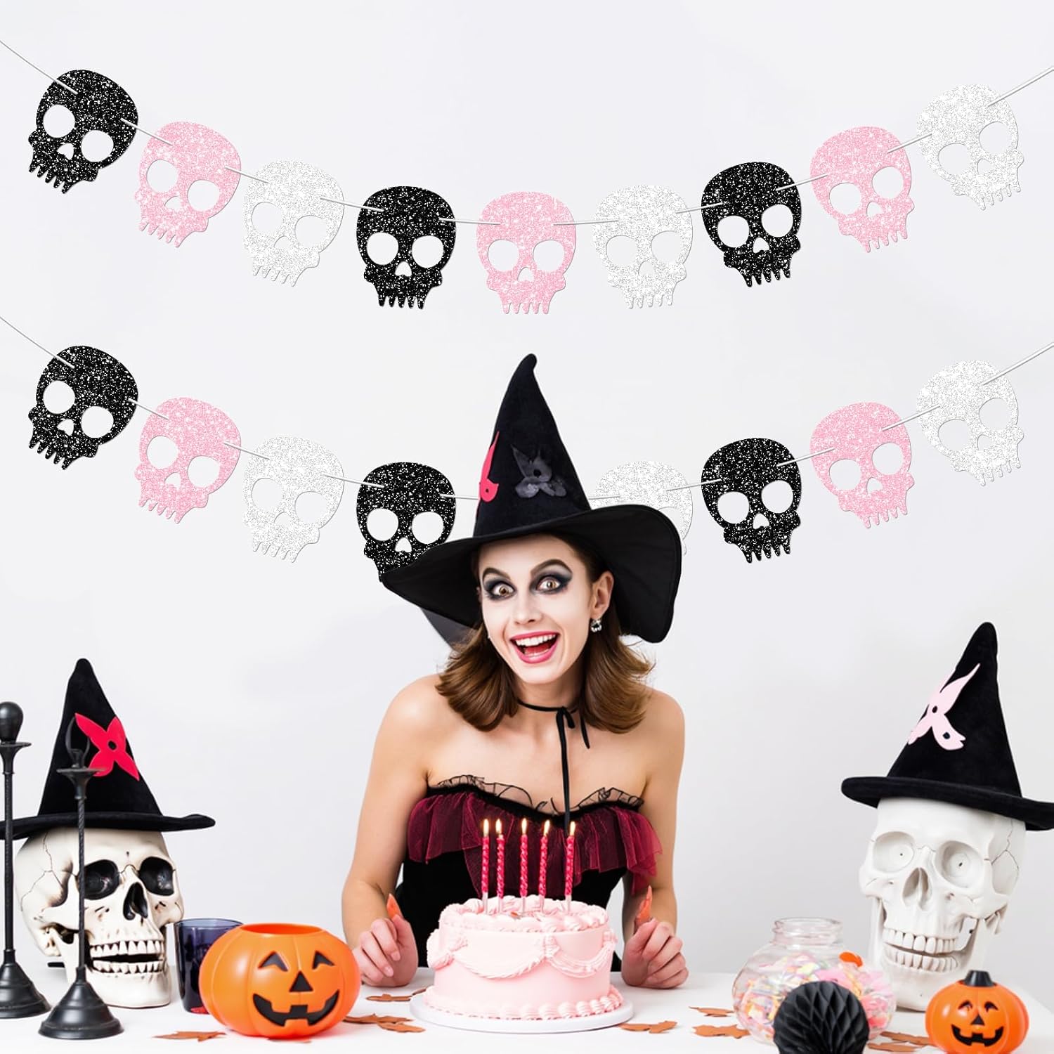 2PC Black/Silver/Pink Skull Garland for Halloween Party Decorations Glitter Skull Banner for Girl/Women Gothic Birthday Decorations Supplies - Image 8