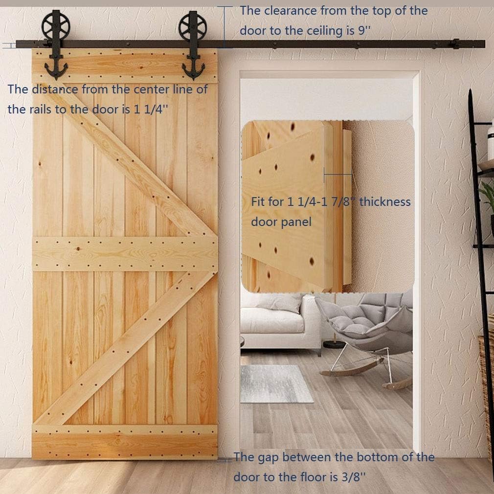 CCJH 8ft Heavy Duty Sturdy Sliding Barn Door Hardware Kit -Smoothly and Quietly -Fit 48 inch Door Panel (Big Spoke Wheel Hanger Anchor Style)
