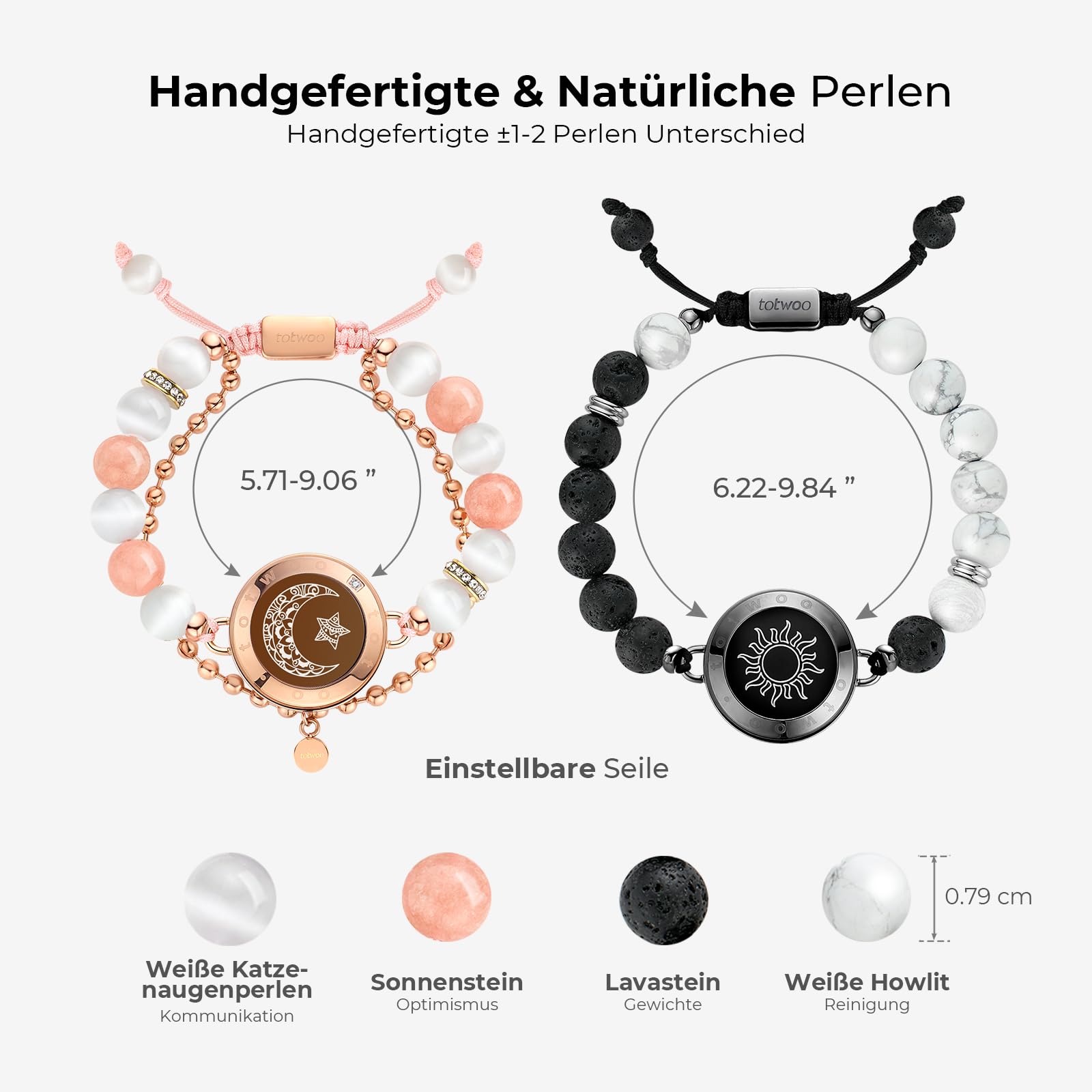TOTWOO Fernbeziehungs-Touch-Armbänder für Paare – Intelligente Leuchten & Vibration für Liebespaare, Heilstein-Armbänder | Fernbeziehungsgeschenke für Freundinnen, Bluetooth-Paarung – Schmuck