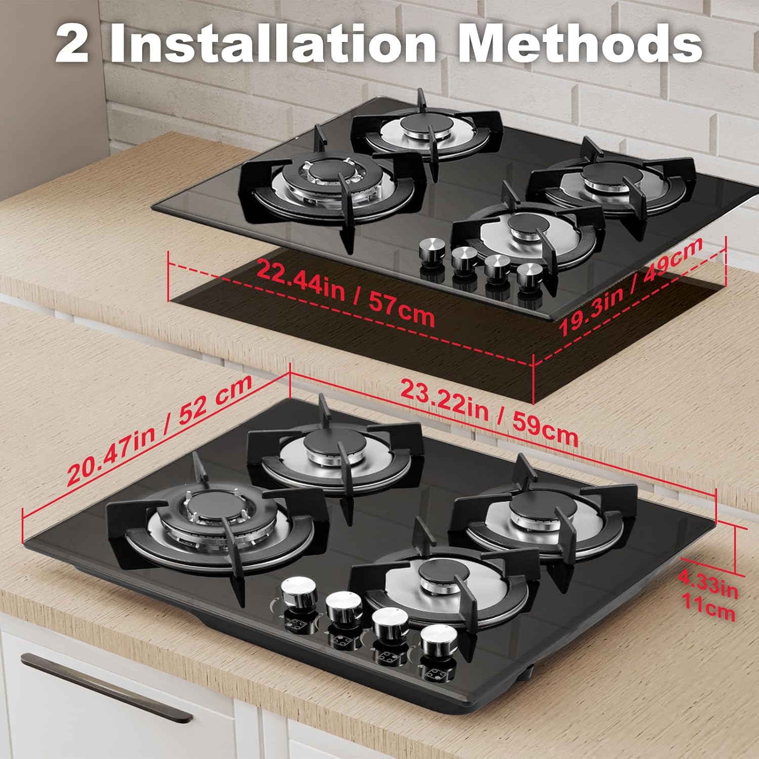 4 Burner Gas Stove Cooktop 24in, Glass Top Built-in Cooking Hob, NG/LPG Compatible or use with Propane or Neutral Gas AR-ND-G02 image 4 of 7 B0DM4K7PZN