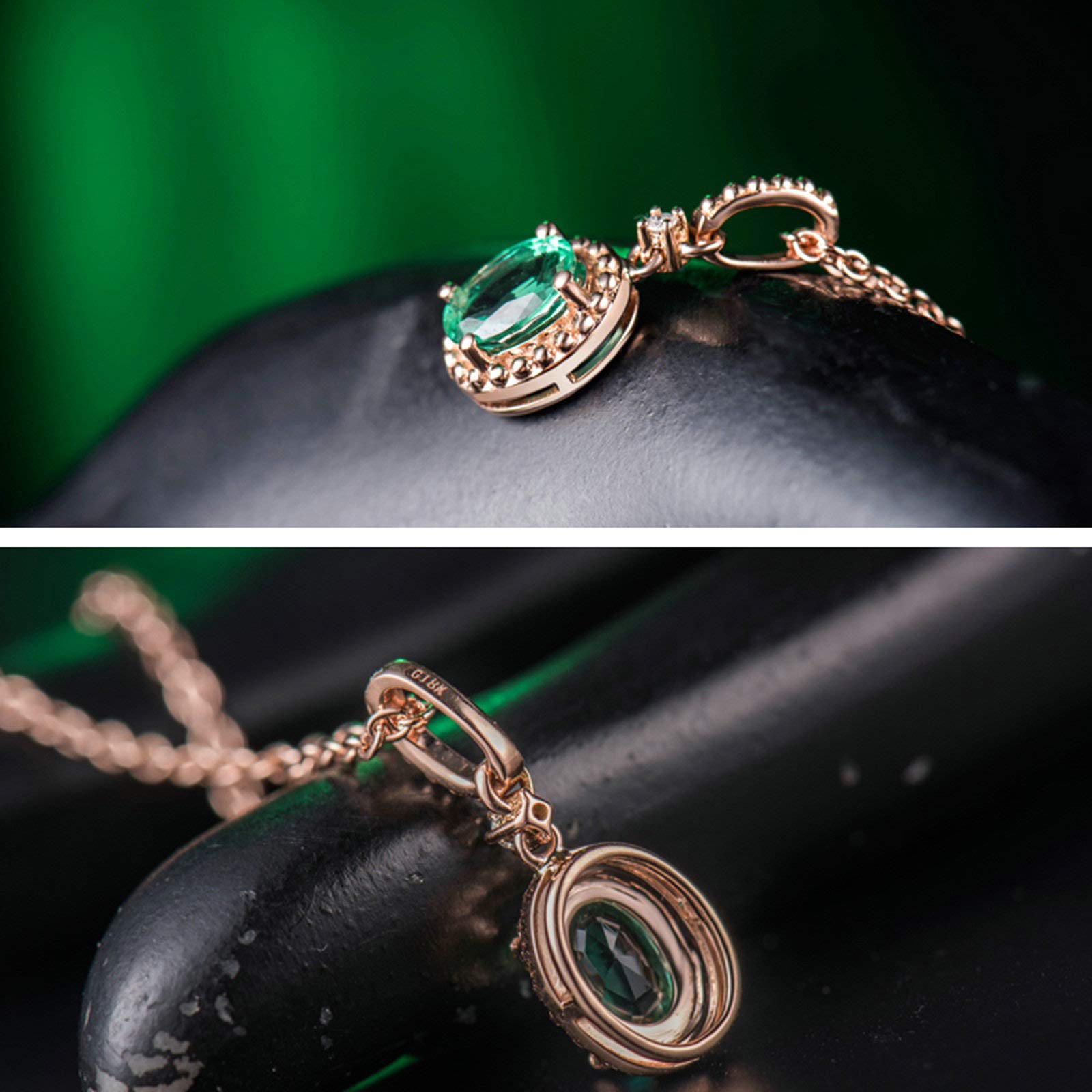 18K Rotgold Halskette Damen, Anhänger Kette Damen Klassisch 0.76ct Oval Smaragd mit Diamant Anhänger Halskette Rosegold Geschenk für Geburtstags Weihnachten Valentinstag