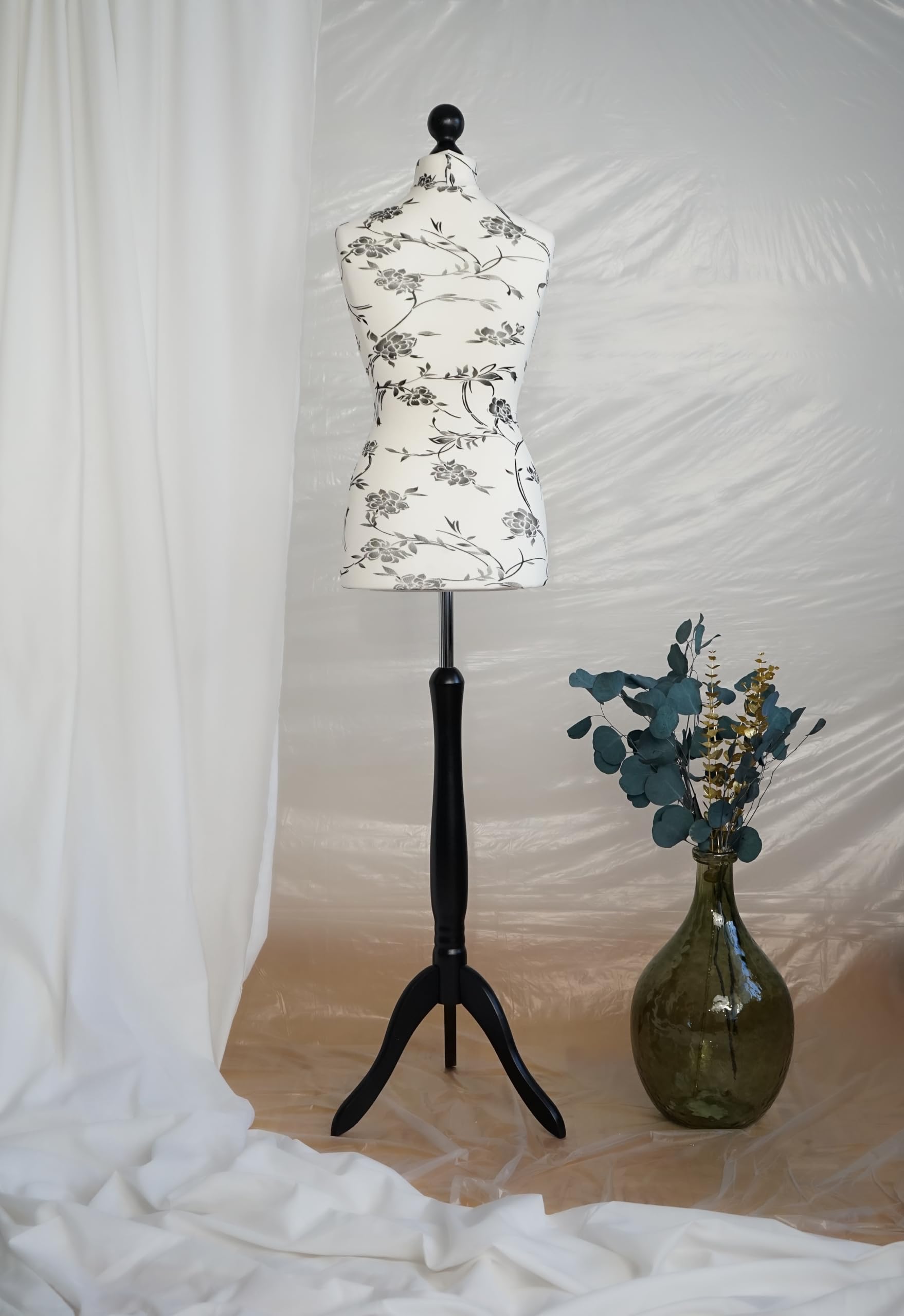 Maniquí de Costura Mujer, Maniquí Sastre Mujer, Funda Cruda con Flores Negras (Black Wood, S 40)