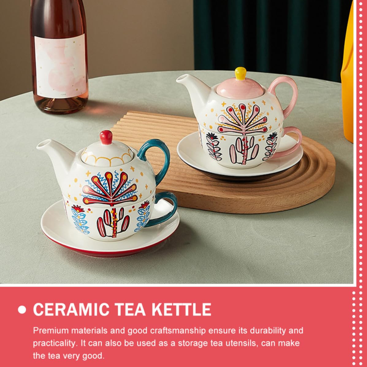 Juego de Tetera de Cerámica Rosa Reutilizable Taza y Bandeja