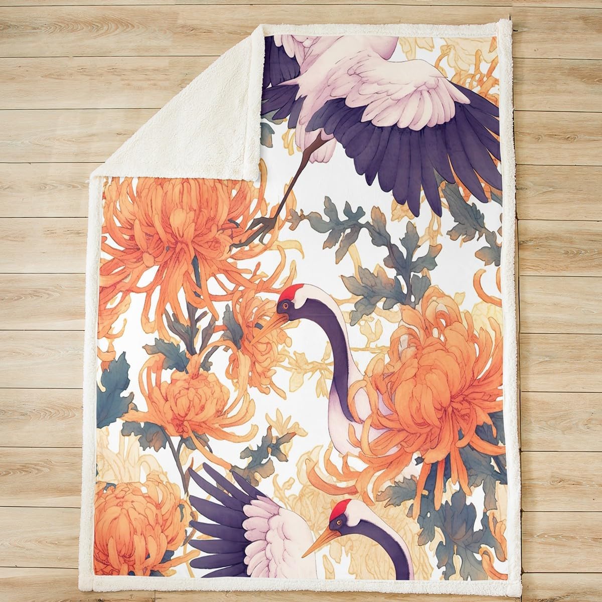 Feelyou Japanese-Style Fleece Throw Blanket Twin 60"x80" Kids Botanical Plants Print Plush Blanket for Boys Girls Teens Chrysanthemum Sherpa Blanket Crane Print Fuzzy Blanket
